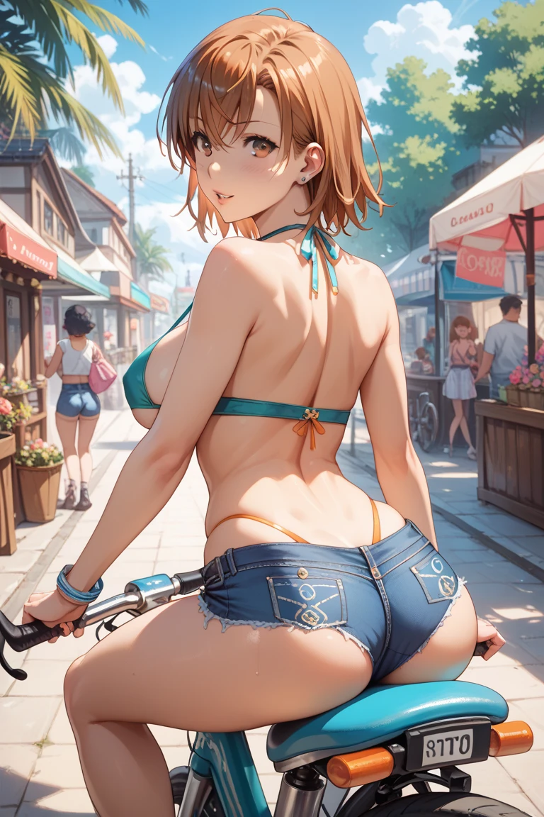 1girl、(9 year old thief giving dick footjob)、evil smile、Short blonde、bandana、A black bra visible through a torn T-shirt、T-shirt with torn chest、Very short shorts、Gloves、Small breasts、(Has a handgun)、(Point the gun at me)、Thighs、(foot on penis)、((sexy thief))、1boy、boy is hero、(penis)、(amazon position)、(The man is wearing armor)、The man is lying on the ground、((eject cum))、(On the unpaved roads of the village)、((Angle from below))、Stepping on the penis、