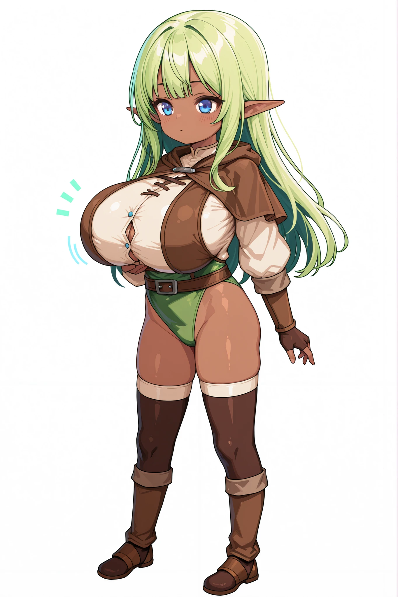 (((short young small girl:1.2))), ((tanned elf girl))), (((best quality))), (((highres:1.1))), (((sharp eyes))), (((long hair))), (((huge breasts:1.2))), (((solo))), (collar:1.2), (adventurer rogue outfit:1.3), (white background)