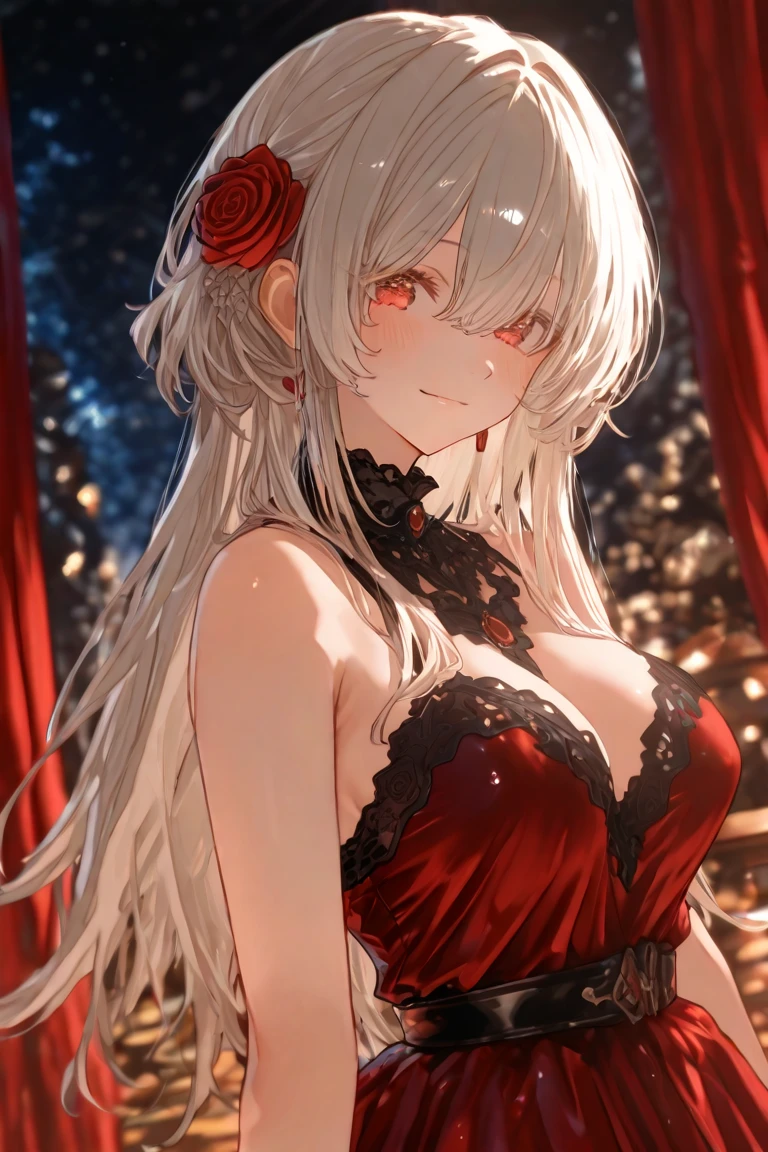 Poinsettia themed artwork, ((highest quality)), High resolution, 8k, Cinematic Light, High Contrast, Written boundary depth、smile、sharp、beautiful, Strong brilliance, Detailed Background, One Girl, cute, fine grain, Shining Eyes, Detailed Iris、