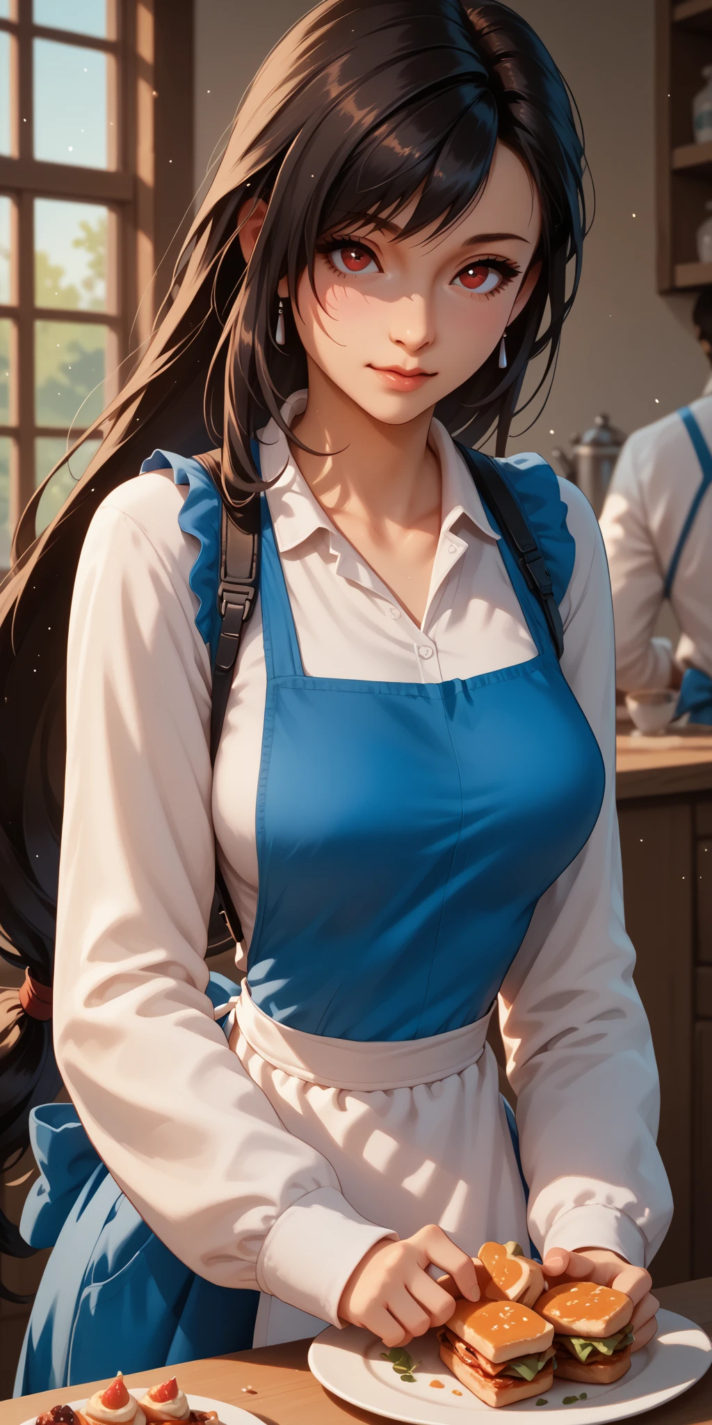 mixed_artwork style, cleavage, sweaty, 1 girl, standing alone, hands, Thicc Legs, Sweaty body, Dark skin, (beautiful, (masterpiece: 1.2), (best quality: 1.2), sarcastic smile, perfect lighting, baby doll outfit, 15 years Asian girl, ((masterpiece)), (best quality), ( detailed), (1 girl), thighs, Skirt, Hair tied up