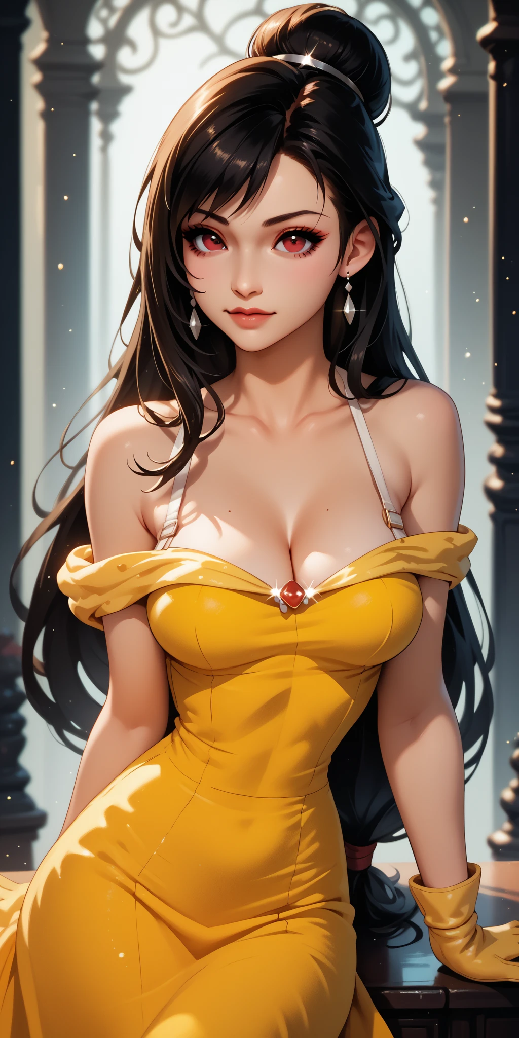 badashanren crushing the Venezuelan supermodel, long hair, pastel yellow dress, Cramped, undersized upper body portrait, big natural breasts, Hyper-Realism, highly detailed female bedroom background,lighting sun , 