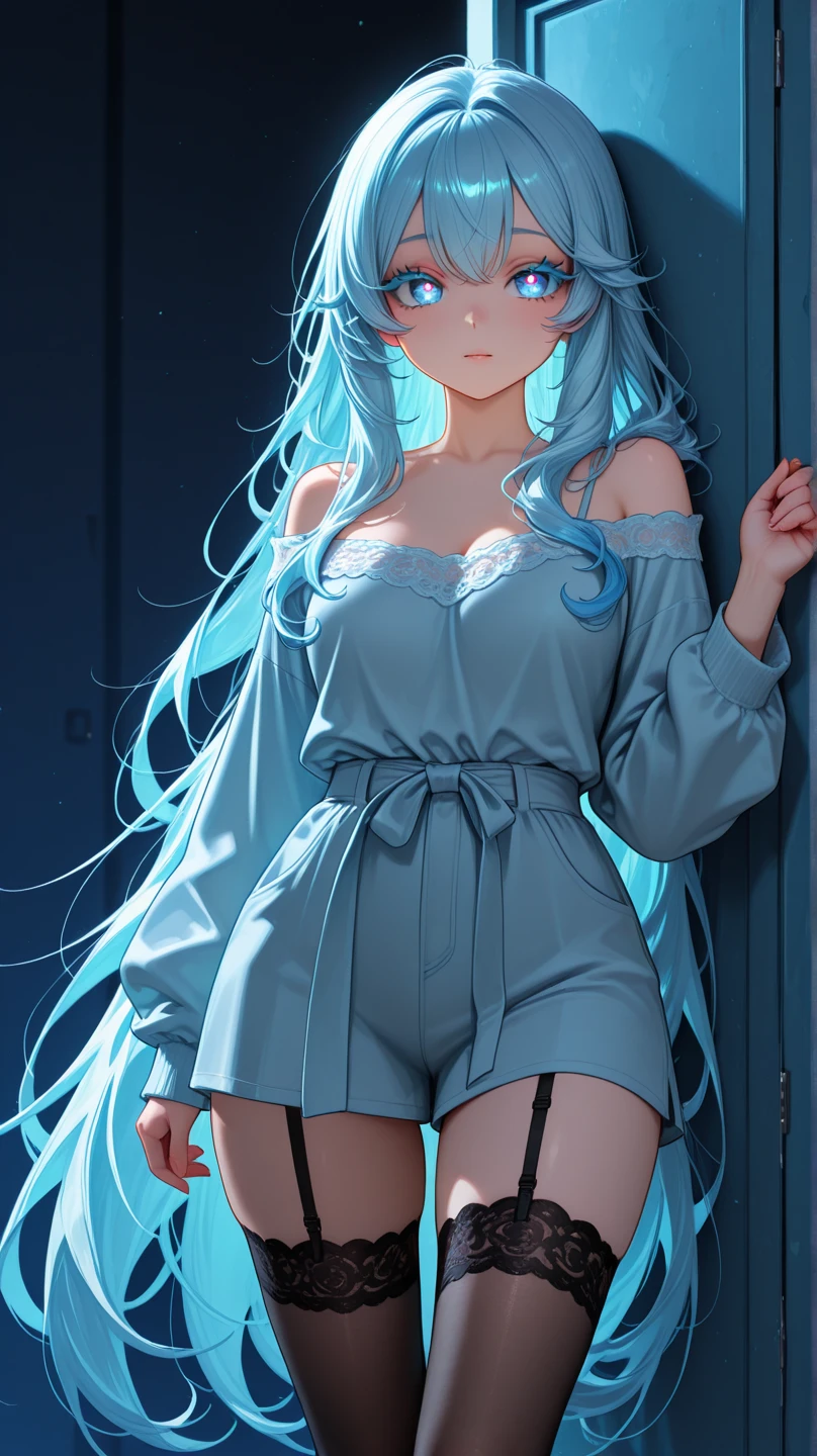 Light blue hair, yellow eyes, long hair, massive boobs, legs, thigh, collarbone, bare shoulder, big sweater, in building