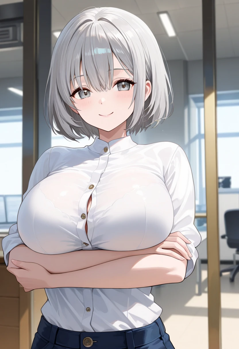 Highest quality, (masterpiece:1.2), 
alone,Open your mouth、 smile,A 40-year-old Japanese woman with black hair、Very short hair、Mother、((Part your bangs in the middle、Long Bangs、The forehead is visible, Perm Hair))、(Huge breasts)、Long chest
(White blouse、I can see her cleavage:0.7)、Handjob、penis