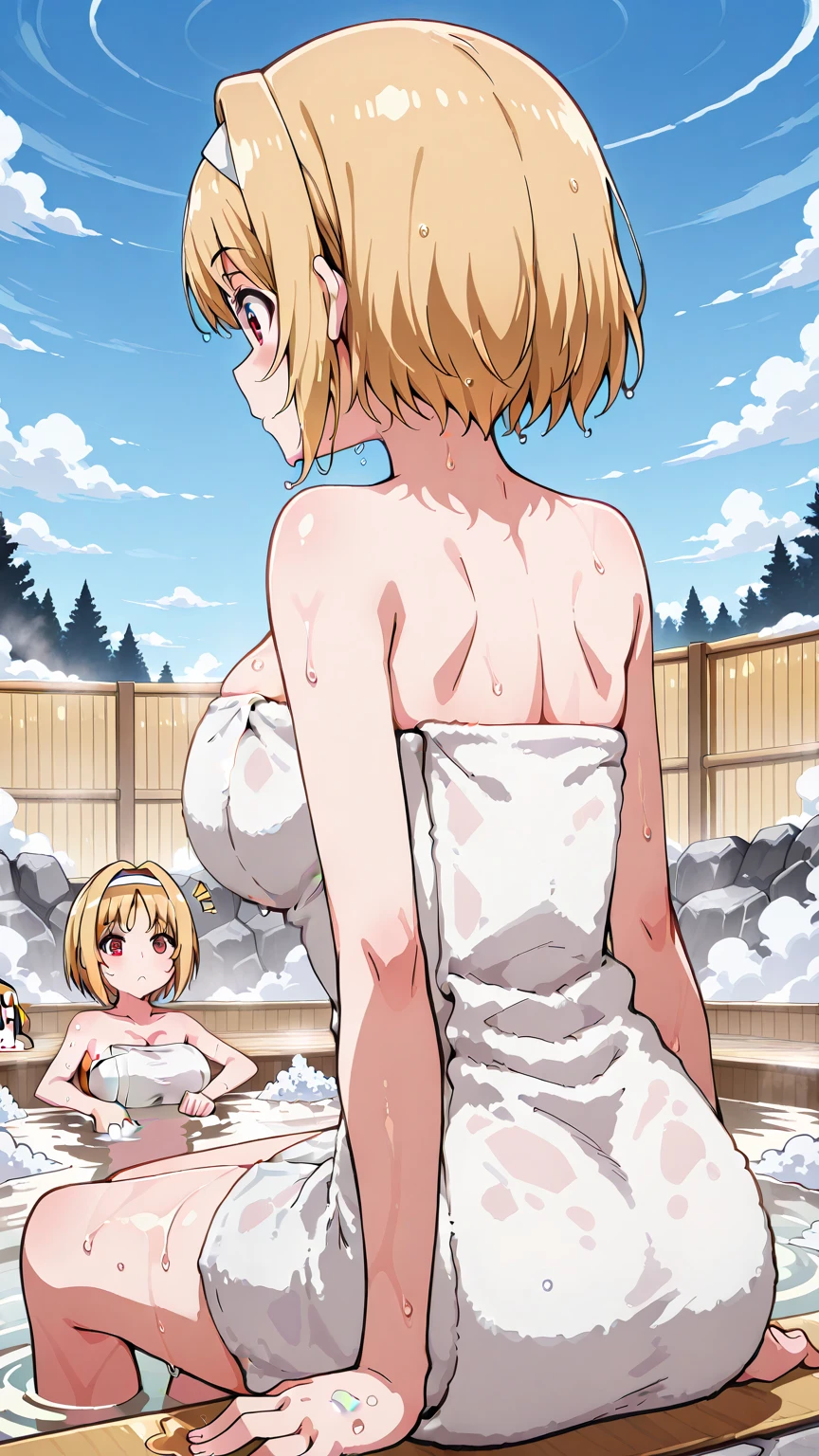 blonde hair, short hair, hairband, Purple eyes, empty eyes , large breasts, nipple, Heavy snowfall area, frozen, wet, crying, inn, steampunk, sea, mountain ,独奏, naked, Standing pee