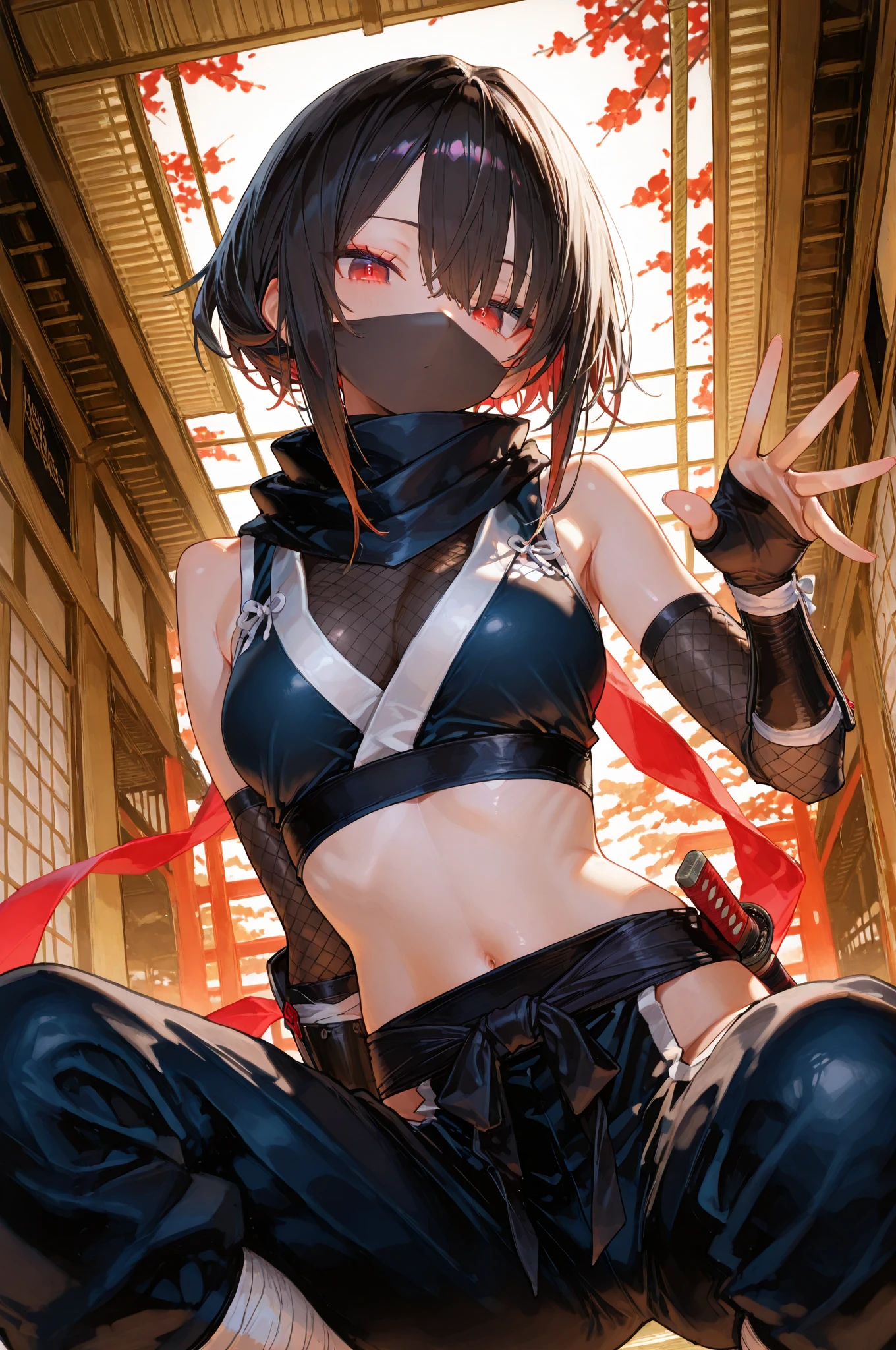 Prisoner of war, ninja, ponytail, black mask, big breasts, torn clothes, no panties, no bra, restrained, angry, rope, hand covering breast, hand covering crotch