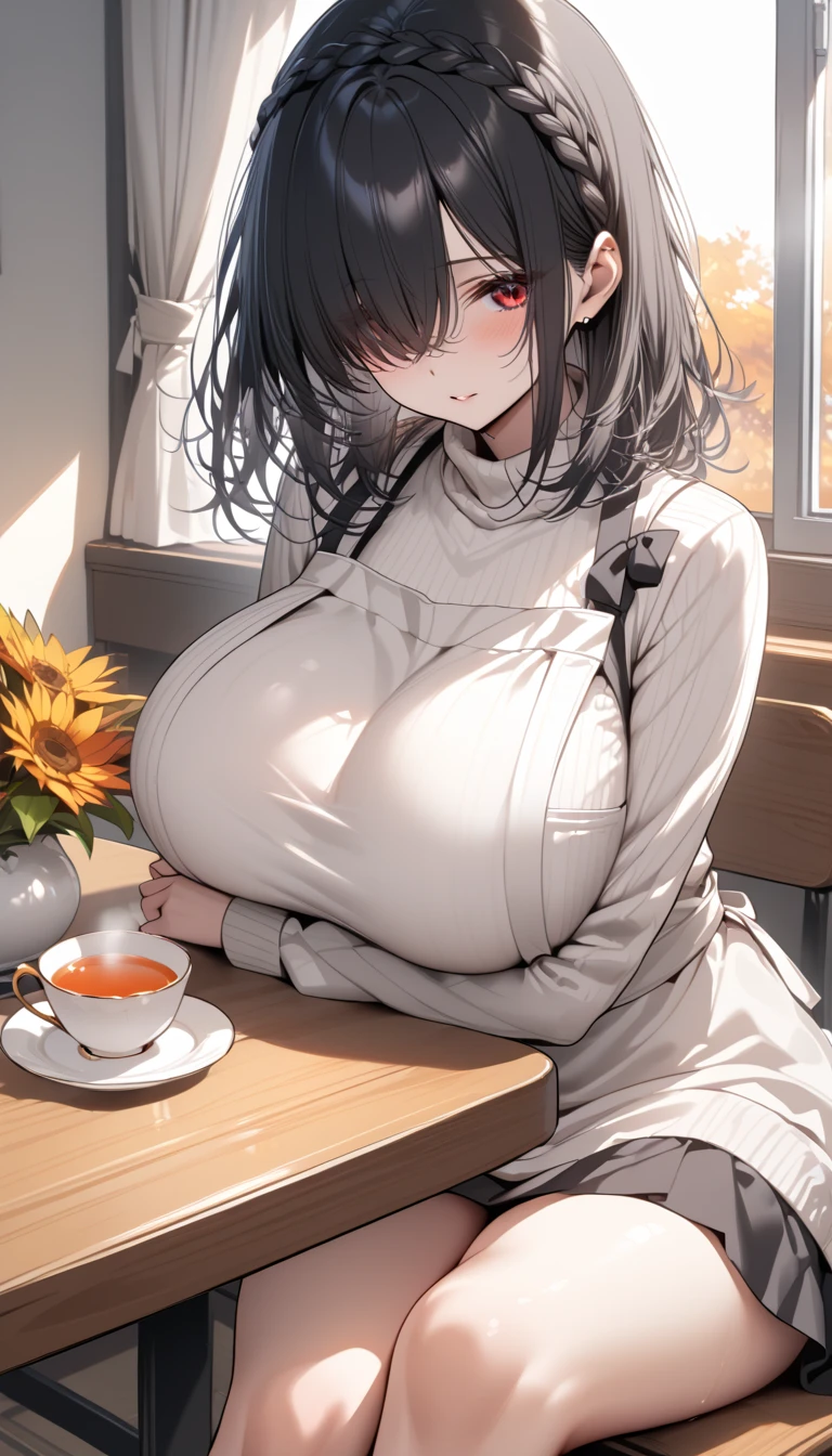 On the table、超高分辨率、high high quality、Topics above、focal plane、Near and far law、On the table, Best quality at best, Meticulous, 1 girl in, (brunette color hair), Brown eyes, hair straight, Silky hair、hair covering one eye, (Sagged Eyes:1.3), long whitr hair, (A beautyful girl), (Absent-minded:1.3), cute big breasts, (eyeslashes), (humongous large breast:1.9), natural soft light, dream-like、neon interpretation、sitting in the couch、(Sexy sweater)