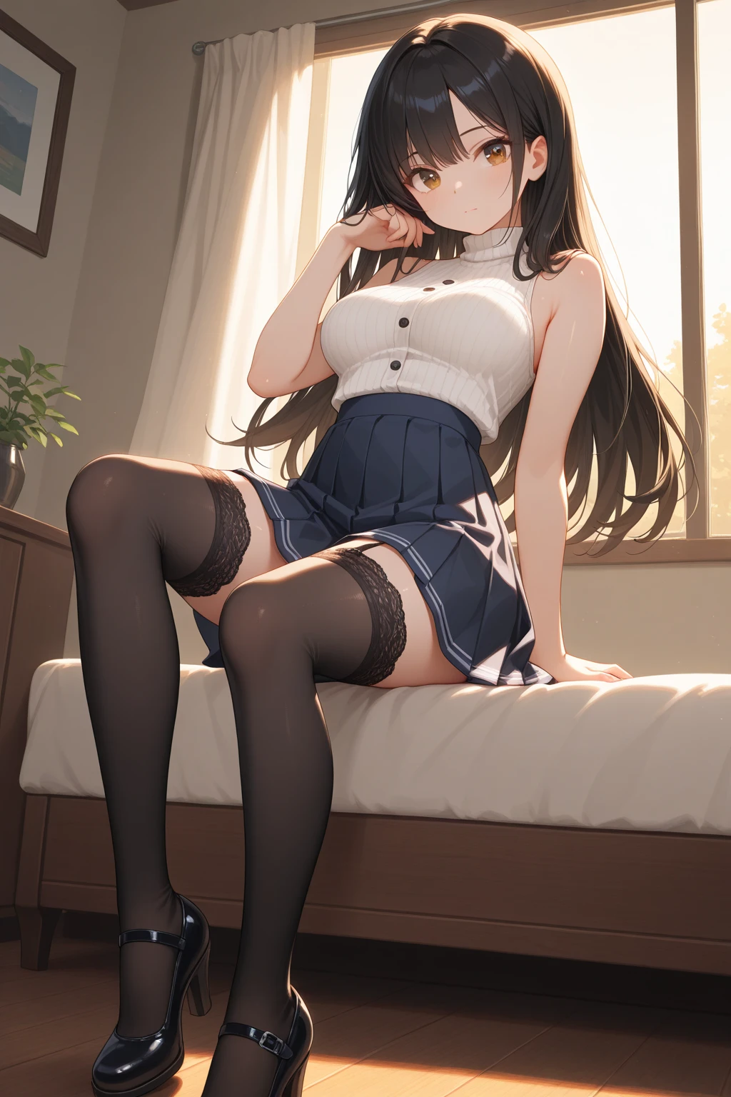 One person、masterpiece、Highest quality、Super detailed、High resolution illustrations、Improve skin quality、Increase eye appeal、Drawn in detail、Perfect body structure、Middle-aged female office worker、Spread your legs、Showing panties、Show off a plain-colored bra、Are thin、Flat chest、Long black hair、Dark Eyes、Slanted Eyes、Unpleasant、Sweat、Sigh、