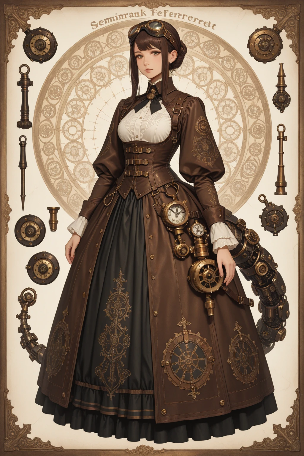 steampunkai, full body of a steampunk woman francescacapaldi wearing low cut steampunk dress with short skirt, <lora:steampunkai10MBLora_10mb:1>