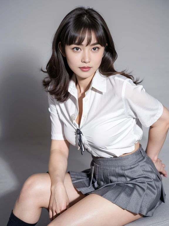 (highest quality、8k、Best image quality)、(One woman:1.2)、 ((from the front))、(long black hair)、(Smaller breasts)、(locking underboob:1.5)、(Spread your legs:1.5)、(Panties are visible)、Toned body、Waistline、(perfect beautiful teeth:1.1)、Natural Makeup、(beautiful thick legs:1.2)、(Perfect and realistic skin texture:1.2)、(Accurate anatomy:1.1)、sexy、(((Navy Skirt)))、(((Take off your white shirt)))、((Lace panties with attention to detail)) 、((細かいところまでこだわったsexyなブラジャー))