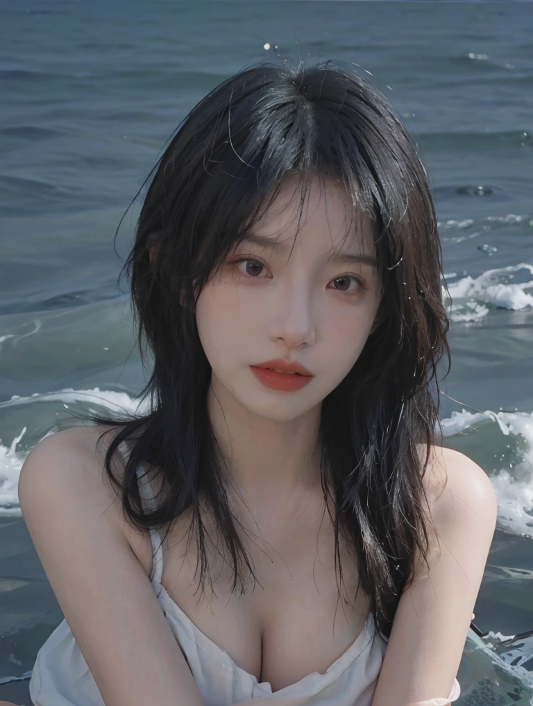 Best quality,Ultra-high resolution,(lifelike:1.4),Cute hairpin,2girll,Short blue hair,jk,Big breasts:1.4,Blush,Slim beauty:1.4,Visible abdominal muscles,on the beach,Ultra-fine face,Exquisite eyes,Double eyelids,