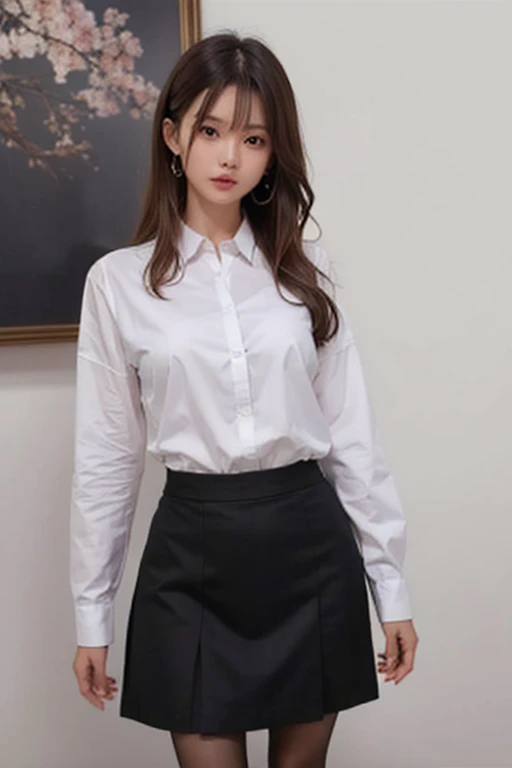 Highest quality, (beautiful)、White Business Shirt、Black Mini Tight Skirt、Close-up、Shoot from above