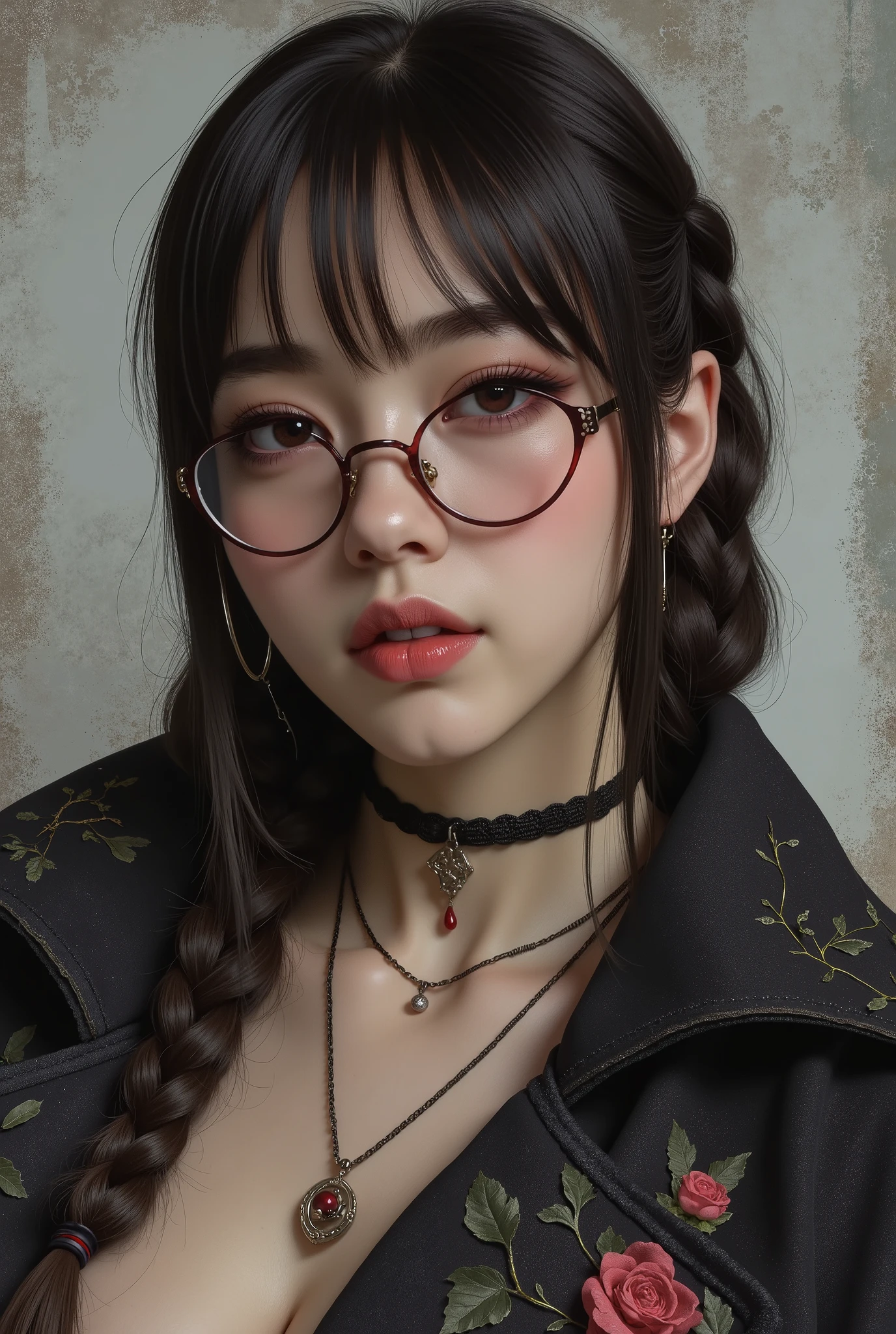 (  Highest Quality, best illustrations,high image quality:1.2), (Horror Fantasy:1.5), (ink and watercolor:1.5),(Ominous Scenery   :1.5),(A lot of dust rises:1.5),(  Dirt Track   :1.5),(wonderful:1.5),(masterpiece:1.5),  (Powerful figures:1.1、Big Breasts:1.3) 、 ((((glasses、closeup shot, cute、 red eyes、 Evil Ruby's Cursed Necklace )))),(((glasses、Big Breasts、  braids)))、  cute face,  raise eyebrows , ,(Fatal Beauty,  charming beauty ) ,(Mysterious Charm:1.1),(Big Breasts、attractive silhouette),   high image qualityテクスチャ 、High Quality Shadows、   beautiful and delicate face   、 beautiful, delicate, eyes are sticky liquid dripping  、 ray tracing 、 20th Generation、 cute K-POP girl、( The Face of Korea )、Thin face、( Ulzan-6500-v1.1:0.6)、   Face of Pure Loss   _v1 , ( beautiful and delicate face ,  beautiful and delicate eyes,  perfectly balanced face ,  high image quality skin ,  detailed skin,  lens flares {x} perfect ratio 4 fingers to 1 thumb :1.25)、 DSLRs、   地獄から来たbeautiful悪魔女  ,    ATTRACTIVE GIRL  , Real Girls, Gurwitz,  Gurwitz-style Artwork , Girl Roleplay, Realistic 3d style, cgstation Popular Topics,,  8k portrait rendering BYMR. nomi ,（truth,truth:1.4,glassesの少女  :1.2)、cheek、 glossy lips, 1. オーバーサイズ comment:  comment、 come up with an oversized design that covers shoulder to knee.。 navy blue or black are standard colors .、[ Soft khaki or beige , wait.、 Pick the right color for the season 。 2.    choose the color that suits your skin    : To protect yourself from the cold、    choose the color that suits your skin   、 ニットの質感と色を commentに合わせてください .。 3. ワイドレッグ   pants:    pants,  choose a wide leg design 、combines mobility and style。Dark tone denim or black   pants look great.。 4. knee-high boots: オーバーサイズ commentに含まれるもの、boots are black or dark brown Match the texture and color of the fashionable.、  Gives a stylish impression  。 5. accessories:   The  。  Disney  、   long necklace  、6. handbag: handbag、let's match the color of your outfit.