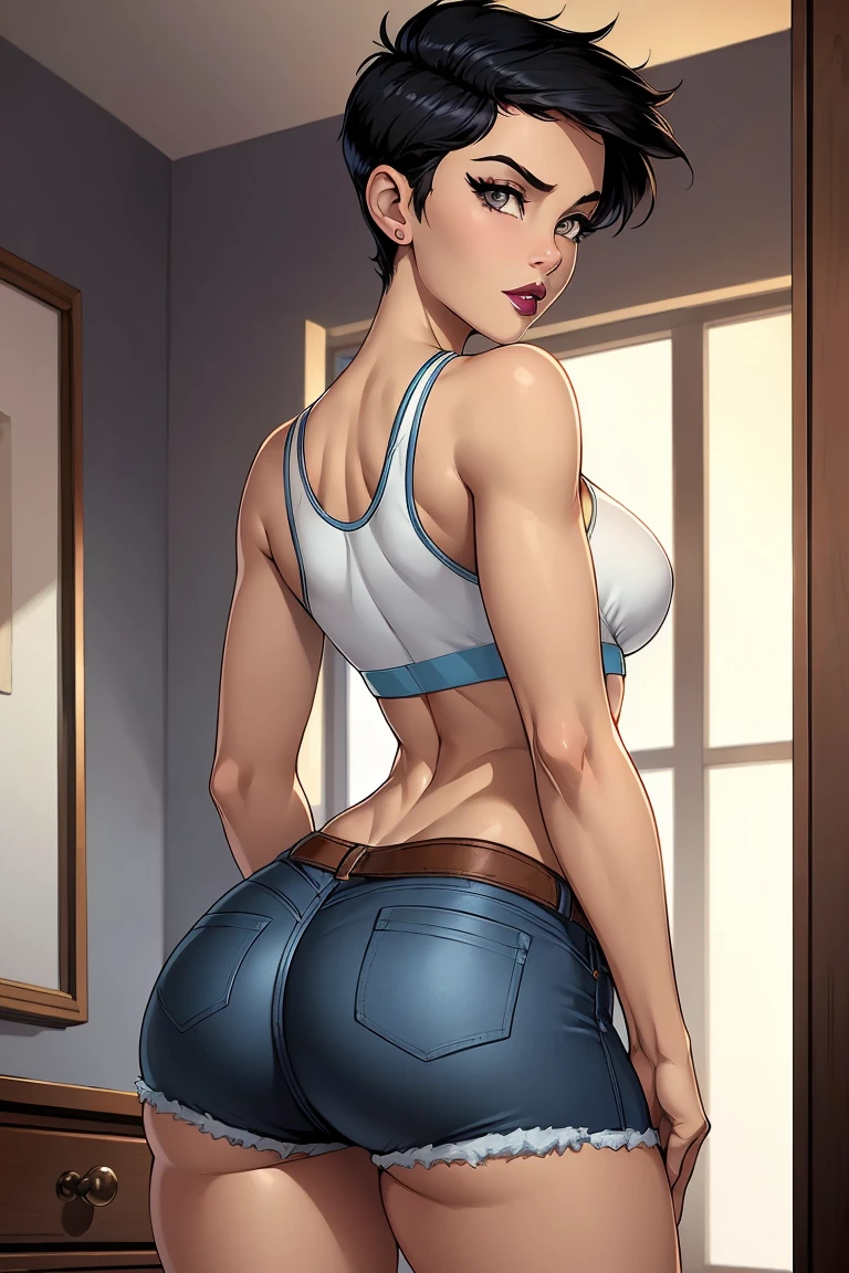 highest quality、Elementary school student bra、Beige shorts、Cool look、Stretch your legs in the room、Armpit sweat、Grass、Ecstasy face,(Attractive person), (girl1name), (Highly detailed face, smile) ,, (日本のgirl), Slightly round face, (Tan brown face:1.6), cute, Big eyes、2D,highest quality,(masterpiece),(((whole bodyが映る))),(((whole body))),(wavy-medium hair:1.6),(hair over one eye:1.3),((Chestnut brown hair)),Healthy brown skin,((Denim hot pants)),Leather Belt,Pink Tank Top,Shining bare feet,barefoot,Beautiful brown eyes,Attractive thighs,Sloppy body type,Bedroom,get drunk,Upward glance,cheeks are bright red,あざでcute,Sexy as hell,Erotic look,whole bodyに汗の大きな滴,humid,Sleep with your legs stretched、My Room、(Standing pose),(Angle to take a back view:1.2),Angle to emphasize the buttocks