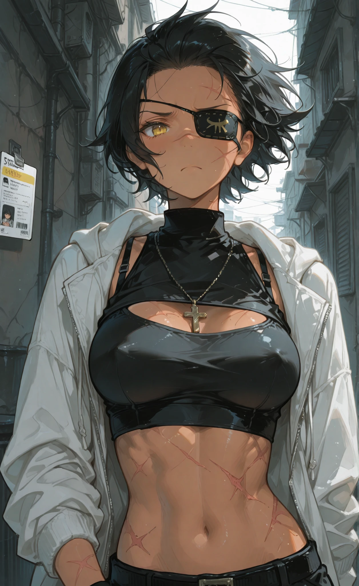 (masterpiece:1.2, best quality), (real picture, intricate details), (1lady, solo, curvy upper body, big ) The clothes are gold and yellow ar：avant-garde，avant-garde，Experiment with appearance：curlies，Dramatic makeup，Unconventional fashion choice behavior：rebelliousness、non-conformist、Provocation location：demon eyes,urban art district、Underground music venues Hobbies：Particiwpation in punk shows、creating mixed media art、Try different subcultural values：individuality、Realiy、Creative expression of inspiration：Punk rock music、Counterculture icons，Avant-garde art movement character traits：boldness、boldness、act outside the box。gothic dark vibe