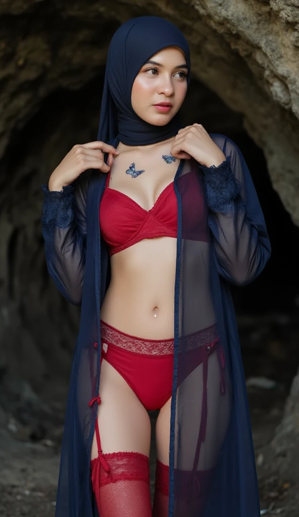cowboy_shoot,(I:0.8),rift, raw, best quality, high resolution, Masterpiece: 1.3, Beautiful glass pearls_Beautiful girl wearing hijab,Very sexy, wearing a red and black lace bikini.,Masterpiece, soft smile