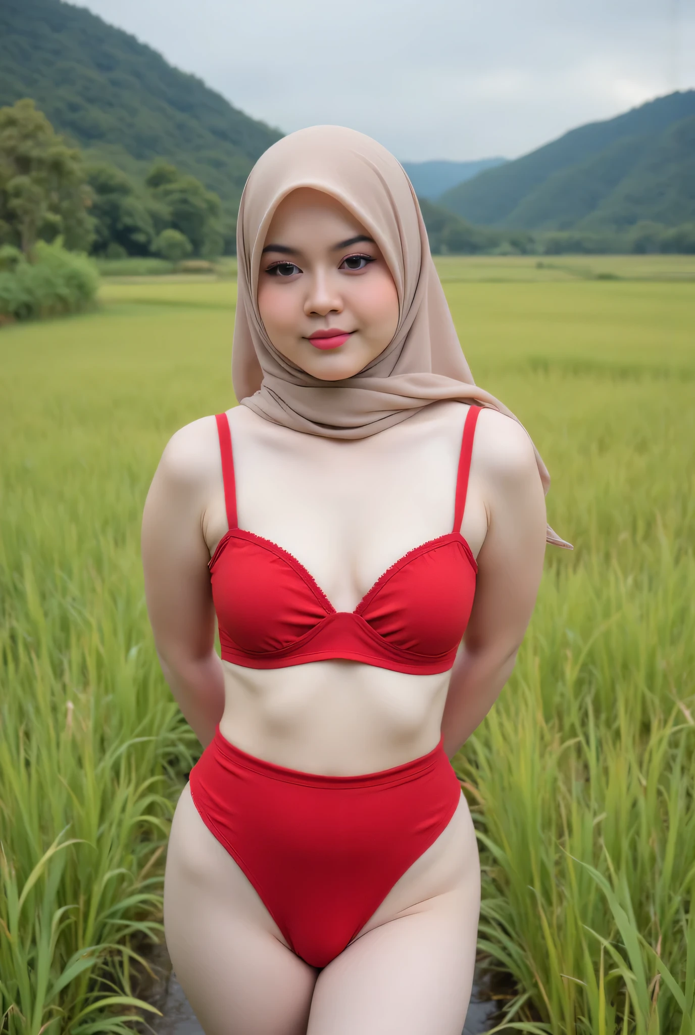 Small, (Shree Sexy Red plain Garter Belt) closed my center, Tetek besar melayut, hijab hijab hijab hijab, (photorealistic:1.6), background rice paddy. daytime atmosphere, don't put any rope! flat chest!, duduk di atas kerusi kaca, hands behind back spread the while legs astride, view from front, (Singlet plain) There are bugs bunny accompanying on the side