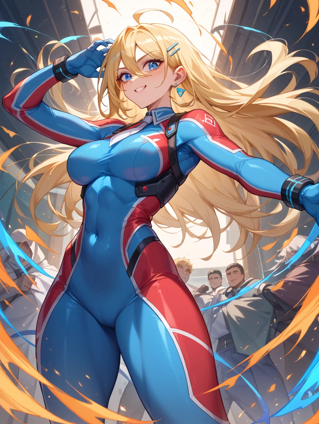 1girl, medium breasts, ((leotard, highleg leotard, light blue leotard)), (lighting bolt emblem on chest), bare legs, (tight belt), boots, matching boots, gloves, city backdrop, solo, single, standing, full body shot, cowboy shot, superhero, beautiful detailed eyes, power, ((blonde hair, short hair, wavy hair)), high school backdrop, outdoors, mature lady, teacher, spinning her body in rapid speed like a tornado, wind swirls, rapid gyration, girl tornado spinning, girl turning to a whirlwind, outstretched arms