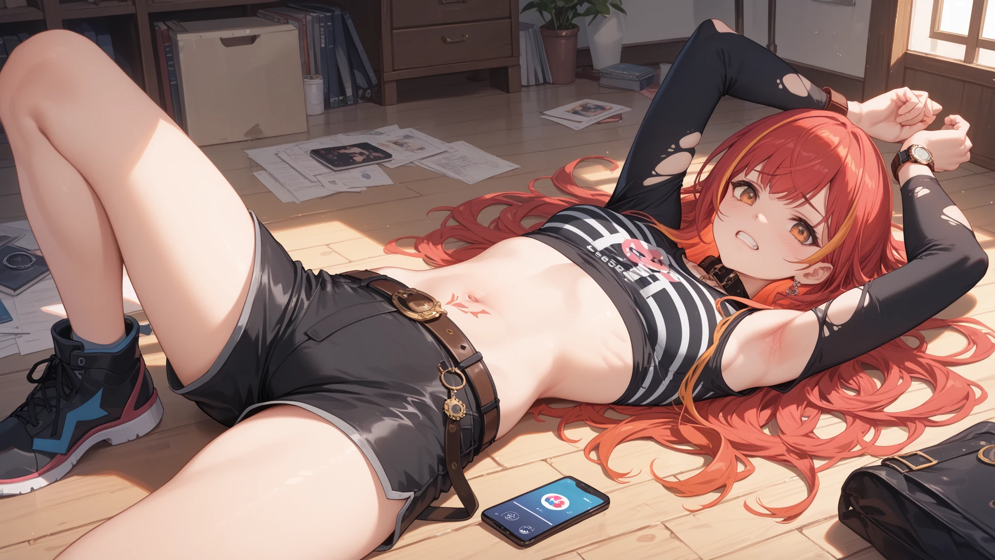 1girl, solo, (sakura_futaba), futaba, persona 5, long hair, orange hair, blunt bangs, glasses, headphones, there is a woman laying on a bench with her legs crossed, highly detailed giantess shot, [ 4 k photorealism ]!!, on a boat, [ 4 k photorealism ]!!!, photorealistic perfect body, iray shaders, realistic afternoon lighting, photorealistic picture, lacivious pose, in clothes! highly detailed, photorealistic content