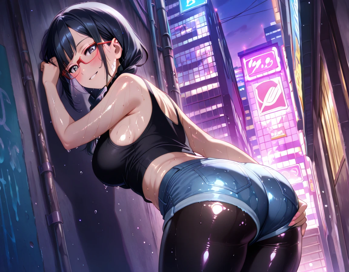 mature woman, mature face, hot face, glossy lips, (black hair, short hair, hime bangs), sunglasses, mature body, big breast, gray shirt, tight shirt, (black leather jacket), tight pants, big ass, sidewalk, ass up head down, spreading legs, (night), front view