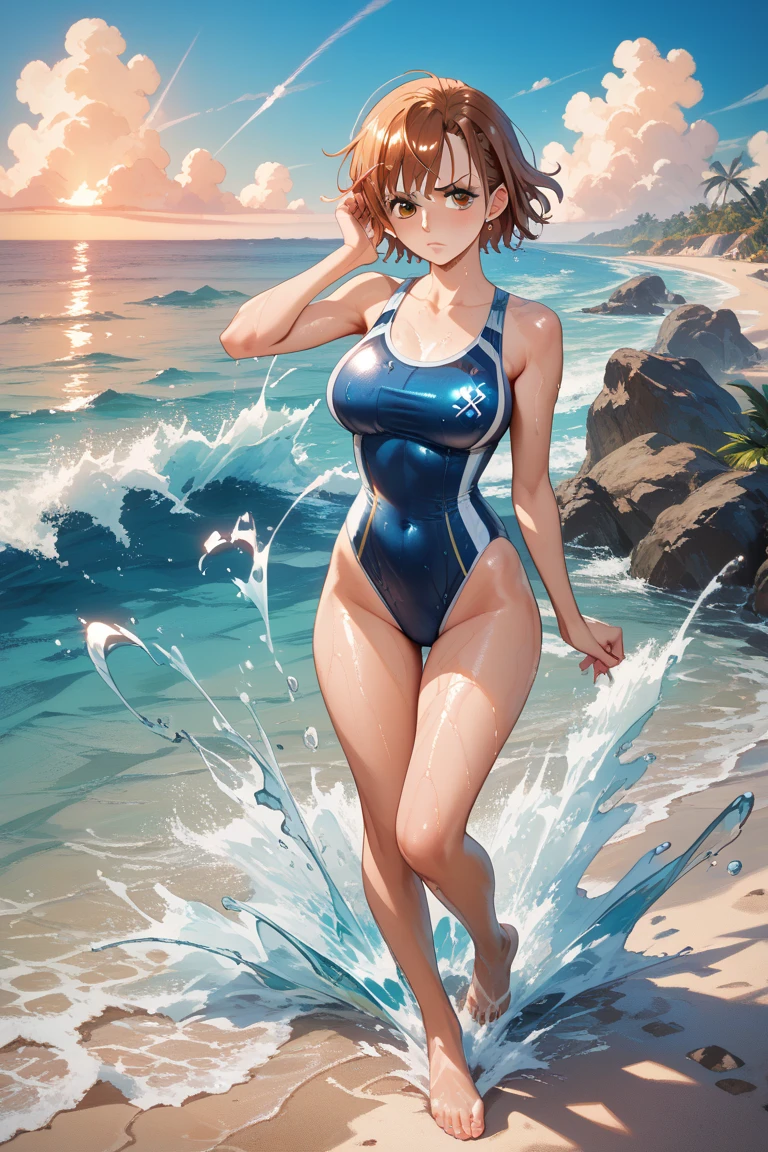 (high quality, High resolution, Very detailed, reality:1.37), Peaceful atmosphere, (Sandy Beach), Teenage girl standing alone, (my breasts are big.), Beautiful details, Cute Smile, (Black bob hair), One piece swimsuit, barefoot.