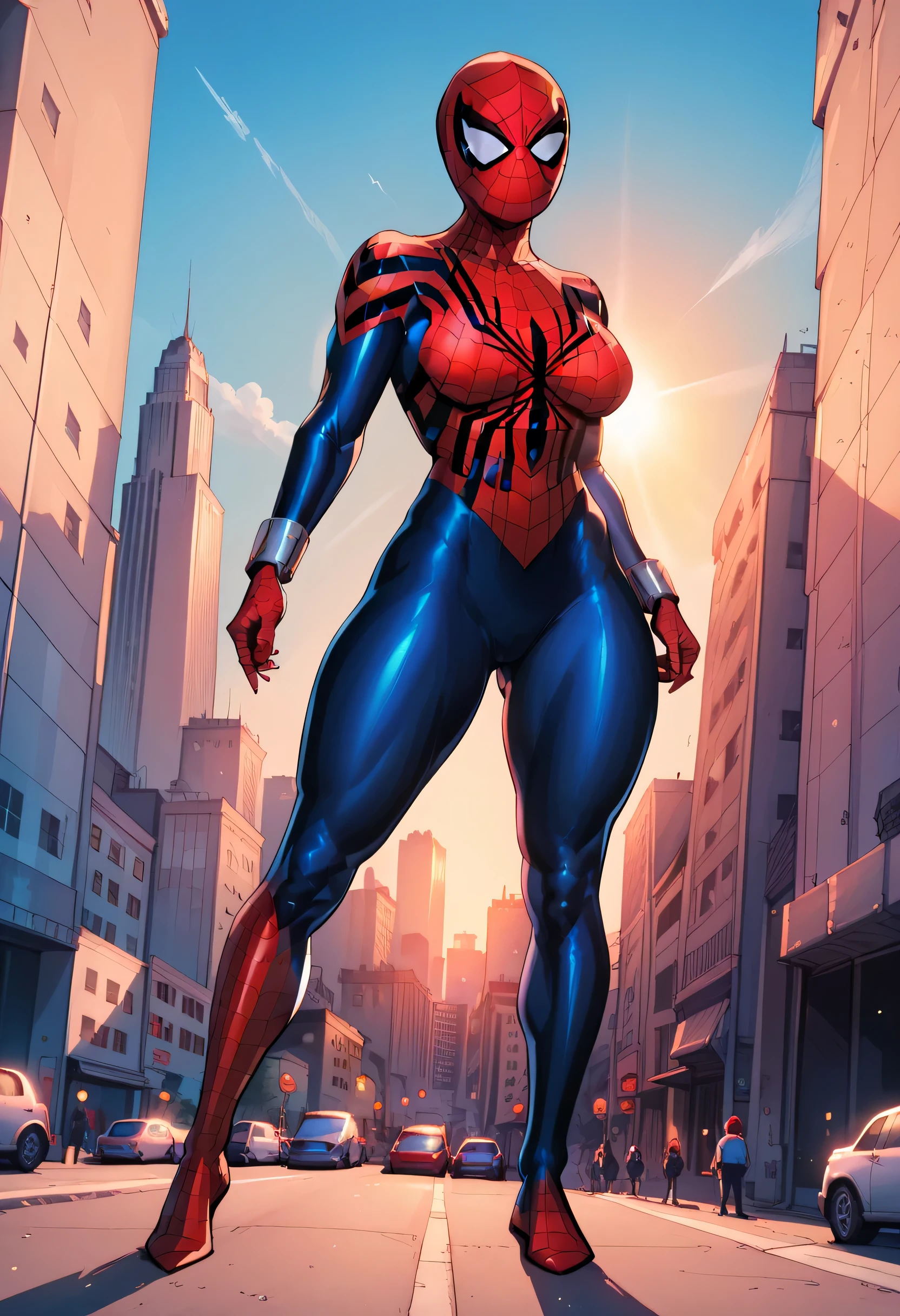 A bald girl，Female Spider-Man，Wearing Spider-Man mask，No hair，no hair, Red tights mesh pattern，Jumping between skyscrapers，Full figure，huge breasts, huge ass, Camel toe，sexy uniform, Light and shadow effects，Fine image quality，excellent work，8K