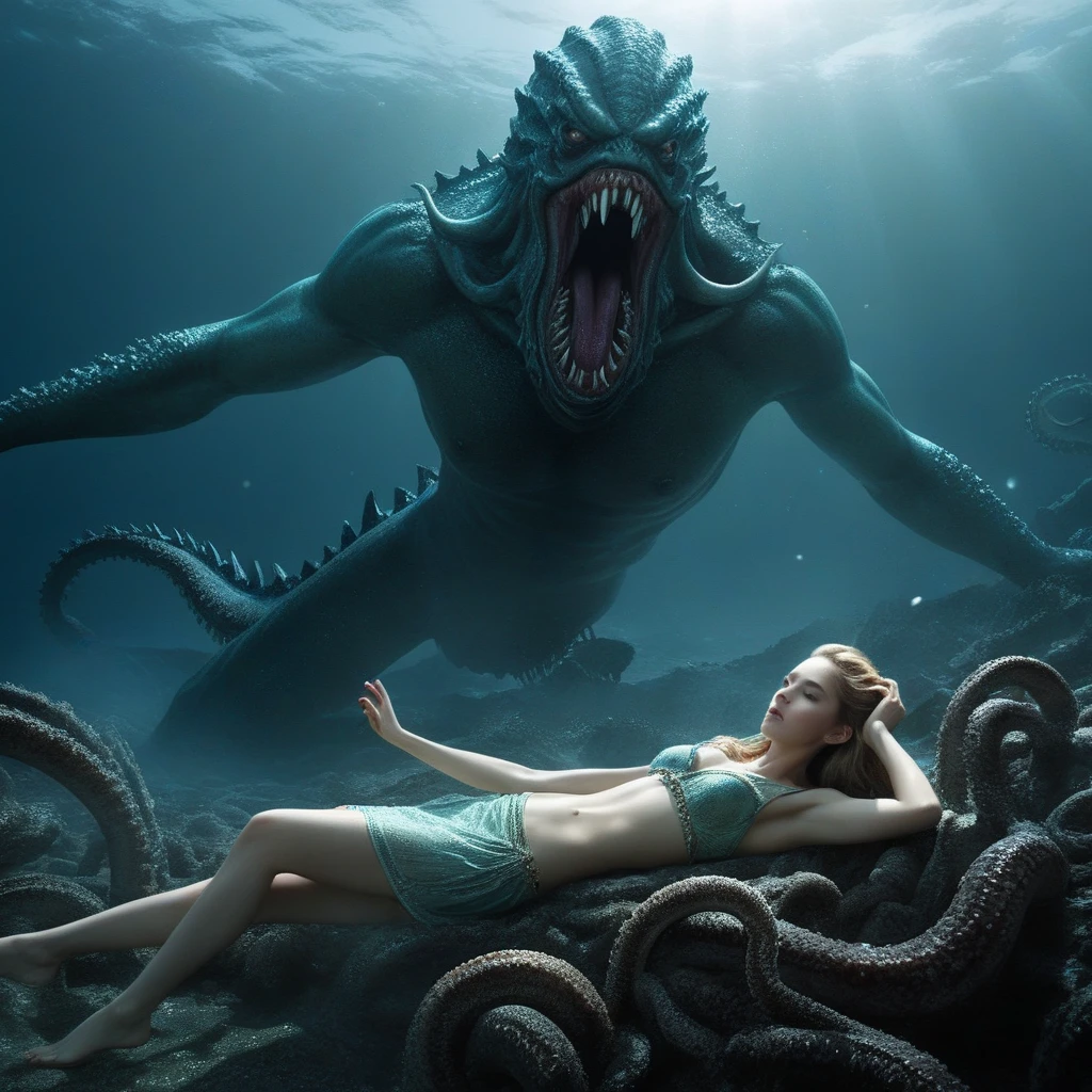 (Best Picture Quality, 4k, 8k, Hi-Res, Masterpiece:1.2), (Ultra-Detailed, Realistic, Graphic:1.37), (Severe Situation:1.1), (A scene from ancient Greek mythology, beautiful Princess Andromeda sacrificed by a monster:1.2), ((Lying on her back on a sacrifice table on a wharf:1.5)), a blonde with chains around her wrists Large shot of Andromeda, a beautiful naked woman with blue eyes, from behind. (shackles on her hands with chains attached:1.6), (Andromeda looks in anguish:1.1), In the distance, the upper body of a giant man-eating monster, the Kraken, emerges from the sea, a life-threatening scene; Medium: Illustration, Detailed Illustration, Digital Illustration, Strong Shadows (strong texture:1.1), detail: (eerie atmosphere, eerie clouds, celestial ladder reaching out from between the clouds, dark lighting, murky seawater:1.2), detail: desperate expression of the princess, terrifying eyes, scarred bare feet, rippling muscles of the monster's upper body, scales shining in the sunlight on the monster's body; artistic style: dark Fantasy, terrifying mythical creatures, dramatic composition Color palette: eerie Lighting: eerie moonlight casts unforgettable shadows; spotlight illuminates princess and monster; (amazingly powerful and realistic composition by Greg Rutkowski:1.2)