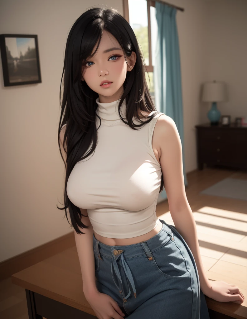 sfw, best quality,masterpiece,original,extremely detailed wallpaper,anime style,looking at viewer,1girl,solo,black hair,long hair,drill hair,hair under eyes,blush, blue light crop off shoulder sweater, black mini skirt,rainbow necklace,black beret,black_thighhighs,standing, wearing bra,((skinny waist)), young asian girl, ((big boobs)),