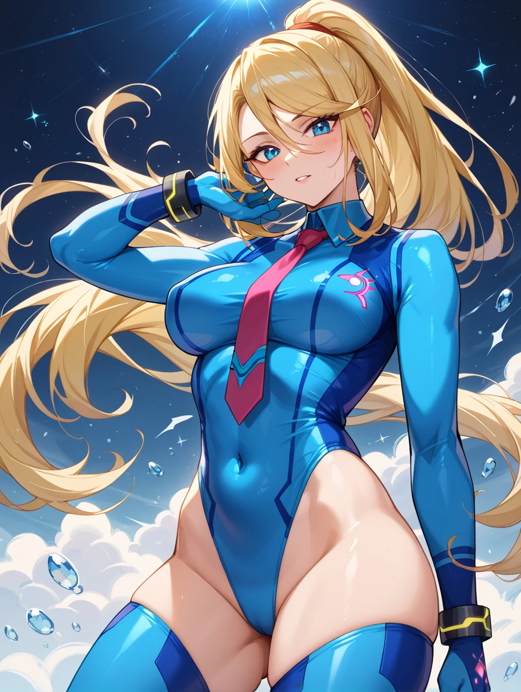((masterpiece)), ((best quality)), ((high res)), 1girl, solo, solo focus, (leotard, perfect leotard, pink leotard, sleeveless, bare legs), matching boots, looking at the viewer, blue sky backdrop, hand, perfect hands, complete fingers, perfect anatomy, medium breasts, (blonde hair, long hair, mid-length hair, hair down, bangs), knee boots, blue eyes, beautiful detailed eyes, beautiful detailed face, cute face, (cleavage heart cutout), pink gloves, pink footwear, superhero, heroic, spread arms. spins in place like a tornado. she spins at an incredible speed, creating a whirlwind of air around her. spiral lines around, cyclone winds around, tornado spinning. full body with costume