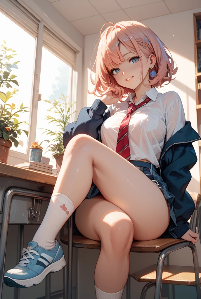 sweet woman, high school uniform, big breastes, loose skirt, in class, topquality, looks at the viewer, red tie, pink short hair, black choker, Large thighs, sneakers, sits on the desk, Cyan eyes, The legs are hidden under the desk