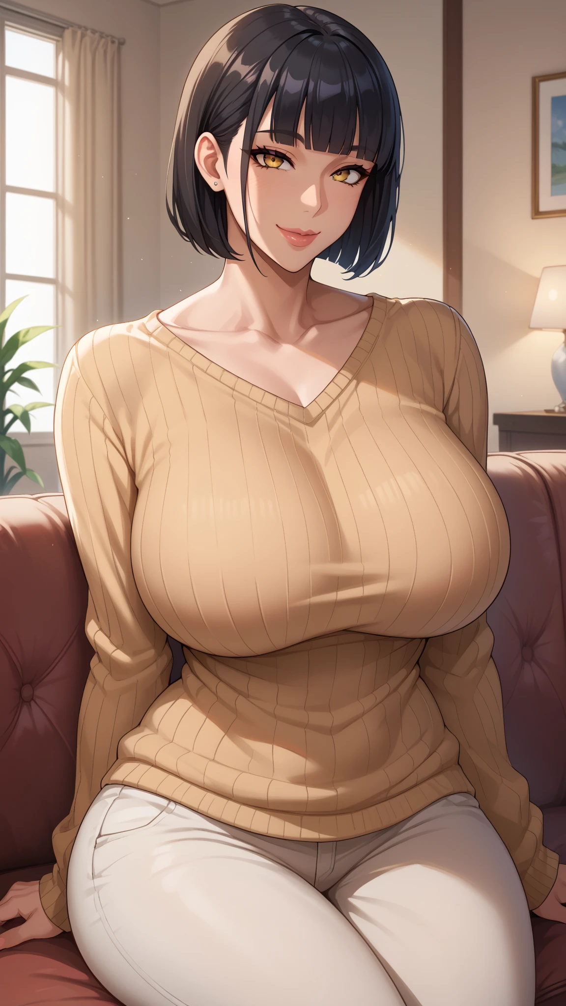 Masterpiece, best quality, ultra-detailed, higres, close shot, from the front, 1girl, solo, mature female, older, huge breasts, milf, motherly, brown hair, hair bun, wide hips, curvy, off shoulder shirt, bare shoulders, strapless, long sleeves, pants, collarbone, lips, score_9, score_8_up, score_7_up, score_6_up, source_anime, Accurate describe shapes, beautiful face, expressive eyes, looking at viewer, solo, close-up, sitting, sofa, indoors, scenery, dramatic lighting, seductive smile,