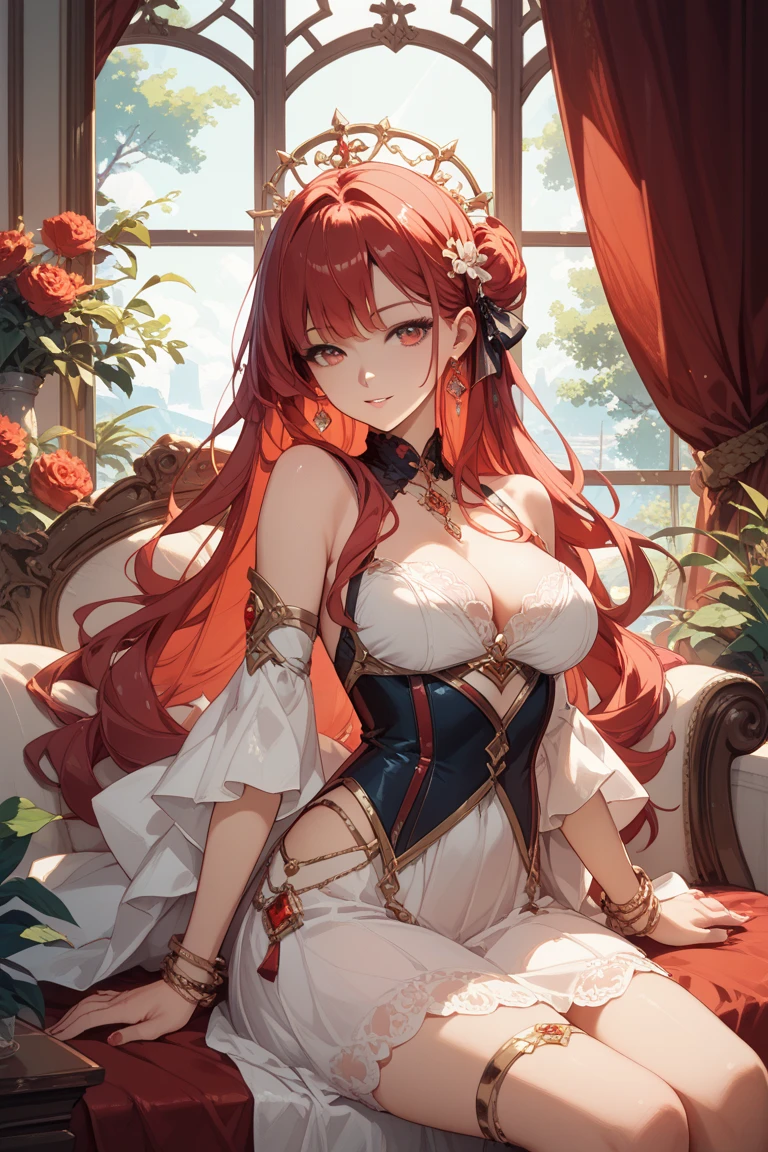 Crossing your legs, Anime style painting, An illustration, Liquor, バーに座ってカクテルを飲むwoman, look return, return, 背景の棚には多彩な色のLiquor瓶が並んでいる, Quiet bar, Calm expression, Perfect hands, elder, Redhead, Dignity at 50, ほろ酔いのwoman, alone、(Highly detailed returnground:1.0)、(Highly detailed returnground:1.0)、masterpiece、Highest quality、(Babes)、Fractal Art、Red eyes、Narrow eyes、Black and red dress, Reddish lips、From the shoulders up、smile、一人のwoman、Red Long Ponytail, Curly Hair, Red eyes,Golden accessories, alone, Big Breasts, woman, Take-out, Provocative laughter,40 year old woman,Queen of Sadism, Highly detailed returnground, Perfect Human Medicine,