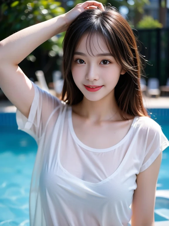 Japanese high school girl　alone　school pool　huge moon　long hair　shiny detailed black hair　smooth soft skin　A happy smile　Plain Uniform　white cutter shirt　black skirt　short sleeve　button the shirt from above３I take it off and a little of my bra is visible.　pink bra　Detailed and perfect clavicle　Beautiful cleavage　professional lighting　Professional photographer　Highest image quality