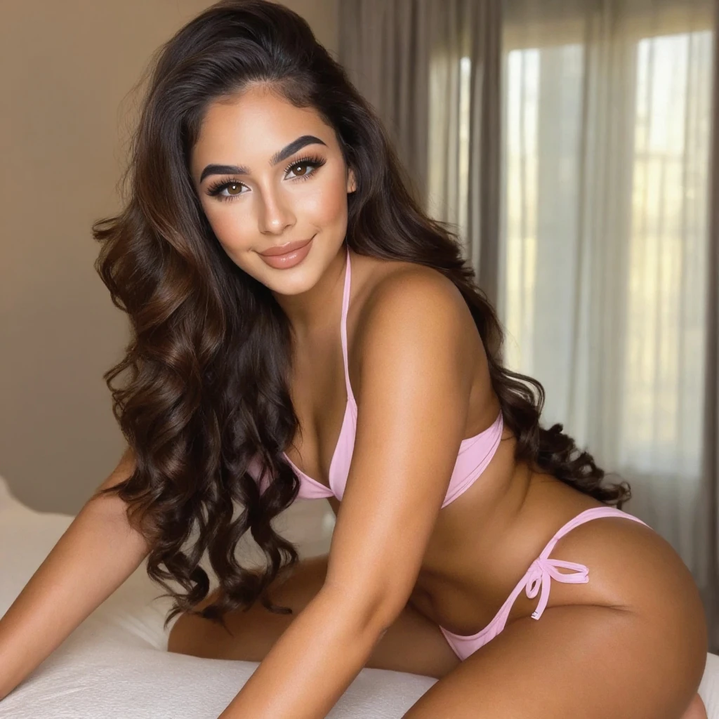 Une Colombienne de 23 ans, Figure de sablier, petits seins, hyperréaliste, photo prise de loin, peau bronzée, éclairage professionnel, couleurs vives, traits du visage détaillés, longs cheveux noirs fluides, lèvres pleines, Posture élégante, chaud illuminant son visage, créer des ombres douces. La qualité de l&#39;image est du plus haut niveau, capturer chaque détail complexe. Mise au point nette et rendu ultra détaillé, mettant en valeur la beauté de la femme colombienne d&#39;une manière captivante et élégante. Porter de la lingerie rose dans une pièce blanche sans décoration, Les couleurs sont vives, her peau bronzée stands out, L’ambiance est joyeuse, position jambes croisées, l&#39;ambiance générale est joyeuse et vibrante, avec une touche de romance, avec un grand sourire.