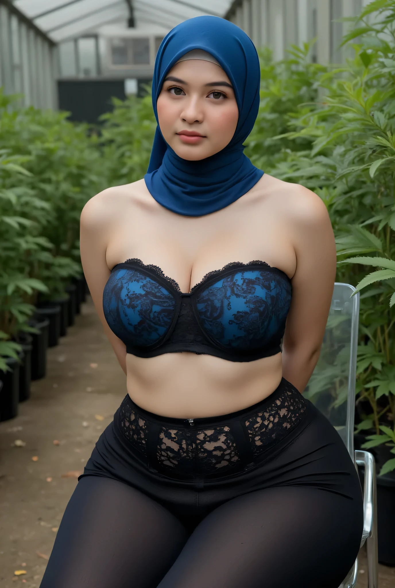 (Shree Sexy BLACK Lace Garter Belt), (Fat body) "Facial expression in moody gloomy", PLACE BOTH HANDS BEHIND YOUR BACK, (photorealistic:1.6) (Indonesian blue Fluorescent hijab and strapless bra), background marijuana farm. daytime atmosphere, don't put any rope! flat chest!, sitting on a glass chair, hands behind back while legs astride, Look from the front you are stupid.
