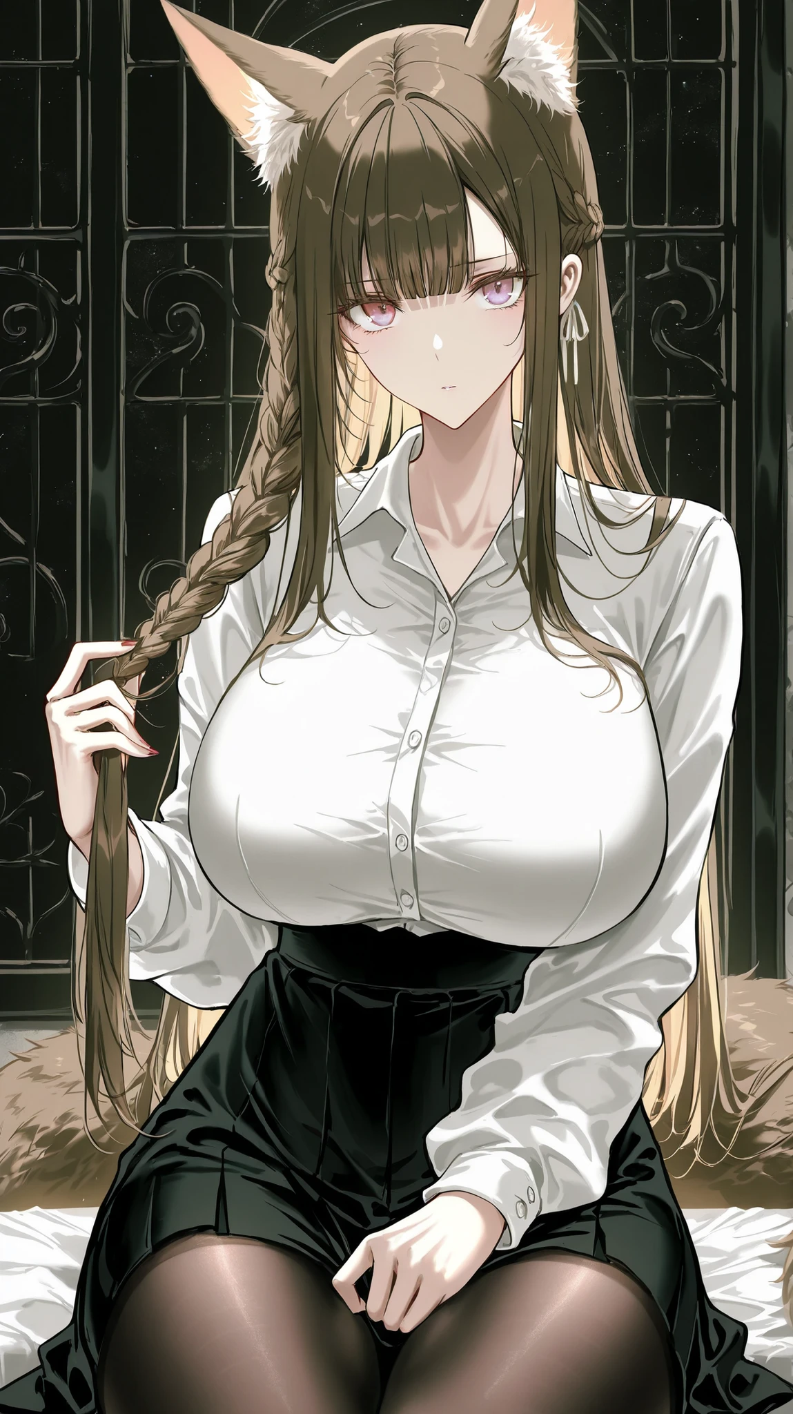 artist:kazutake_hazano, artist:danimaru,[artist:ask_(askzy)], artist:wanke, artist:wlop, artist:fujiyama, artisit:yuyu_(yuyuworks)，artist:hiten_(hitenkei),atrisit:dishwasher1910,in style of ashley wood,in the style of Alex Hirsch,in style of American McGee,,
dark_art_style, chinatsu 18, brown hair, parted bangs, hairbun, purple eyes, huge breasts, 
1girl animal_ear_fluff animal_ears black_pantyhose black_skirt blunt_bangs braid braiding_hair collared_shirt cowboy_shot fox_ears fox_girl hairdressing high-waist_skirt long_hair looking_at_viewer pantyhose red_eyes shirt single_braid skirt solo white_shirt