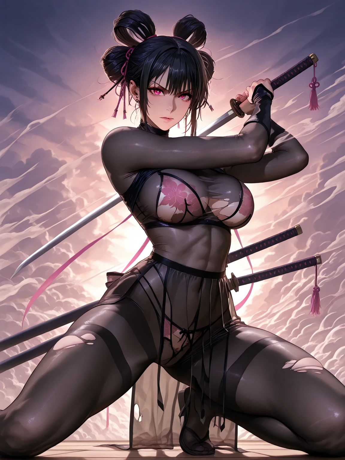 absurdres, highres, ultra detailed, manhwa style, (monochrome), 1girl, ((samurai mask on face)), dark Golden hair, short hair, red eyes, closed mouth, (completely ), ass, back, sitting, (from behind, looking at viewer, looking back), Japanese bamboo jungle trbackground, {{{{ultra sharp}}}},HDR, ultra realistic, jewelry, breasts, Tadhla, <lora:Tadhla:0.7