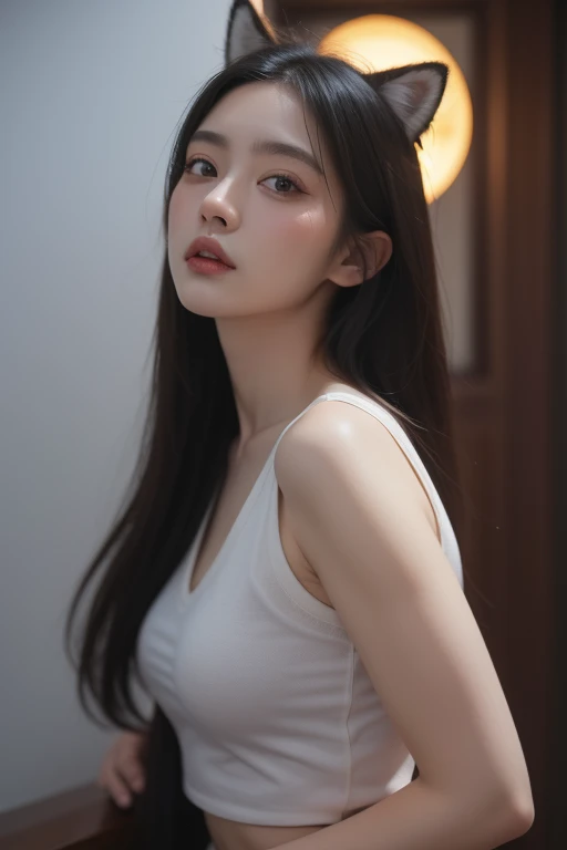 「High resolution, clear frontal image、Taken in a studio with good lighting。No occlusion of facial features、eye、nose、mouth、Make sure your ears are clearly visible。The face should be expressionless and the mouth should be closed.。The model is a Korean beauty.、Have a neat face。hair should be shoulder-length、Natural colors and styles。The skin is uniform、Simple Background。The overall atmosphere is simple.、No extra decorations or props。」Dress a little more formally、But don&#39;t forget to be sexy