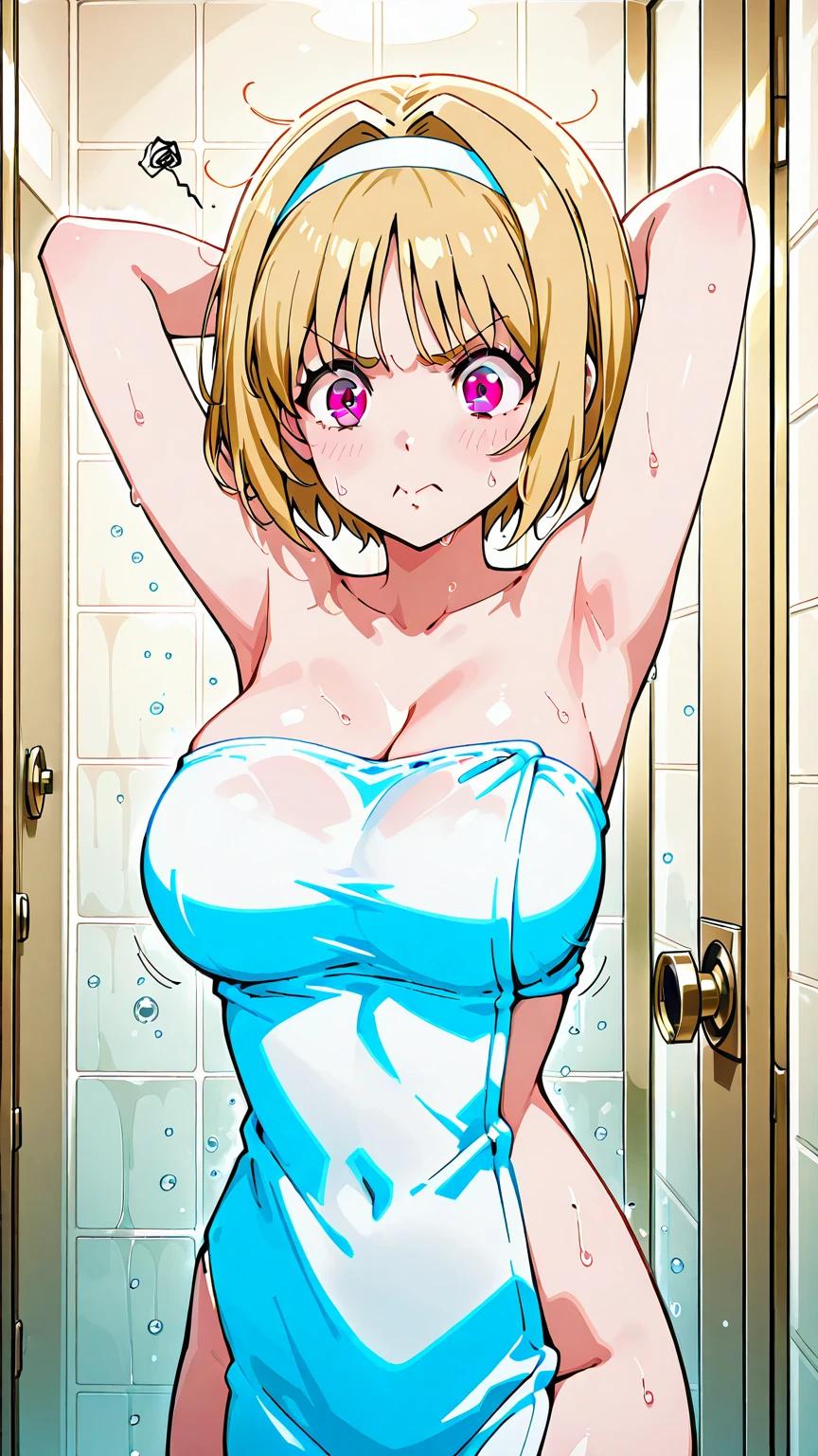 、(masterpiece、Highest quality)、Highest quality, Ultra-high resolution, (((masterpiece))), alone, Sweat、Big eyes, Composition from the front、Shortcuts、Embarrassed face、Bronze colored hair、Cut your hair short、Bathroom、Shower scene、 Expose、Completely naked、pubic hair、belly button、Large areola、Nipples、short hair
