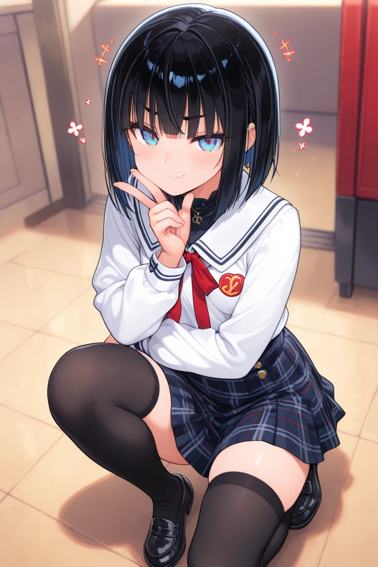 (8K、Highest image quality、highest quality、masterpiece)、detailed face、((One loli))、black hair、twintails、gray eyes、evil smile、((grin))、small breasts、((serafuku))、short sleeve、((black micro miniskirt))、white socks、wariza、Take a photo from above、Gym storeroom
