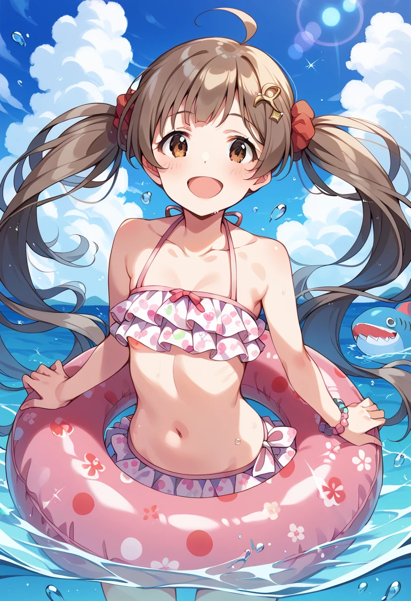 a girl standing in shallow ocean water under a clear blue sky. She has a sun-kissed complexion and long, light brown hair with soft waves cascading over her shoulders. She is wearing a two-piece swimsuit with a strap around the neck; the top is bandeau-style with a halter neck strap, featuring a coral pink color with white polka dots. The top has a sweetheart neckline, accentuated with a small frilly detail along the edge, and it is underwired, providing structure. The matching bottoms have a similar frilly detail along the waistline. Her posture is relaxed yet playful as she gently touches her midriff with both hands, and she offers a soft, engaging smile, her head tilted slightly to the side, adding a sense of approachability to her demeanor.