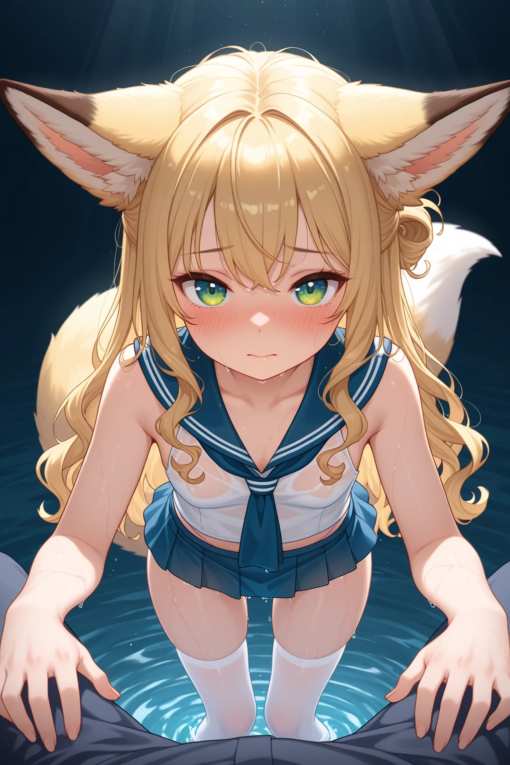 score_9,score_8_up,score_7_up,rating_????????,
1girl,suzuran,closed mouth,green eyes,,animal ear fluff,blonde hair,multiple tails,fox tail,straddling,(cat lingerie:1.1),spread legs,swimming pool,,(vaginal:1.1), pov, side view, blush, nose blush, ears blush