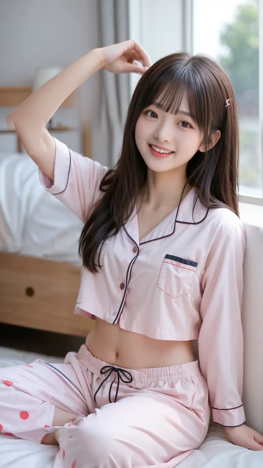 Produce the highest quality and highest resolution 8K images。The model is a 20-year-old Japanese woman.。Draw a full body figure wearing cute pajamas。She has brown eyes and a model figure.、She has an idol-level cute face.。Her hair is brown and in a ponytail。Skin has a healthy color。The image is、Draw me posing on my bed, smiling for the camera。