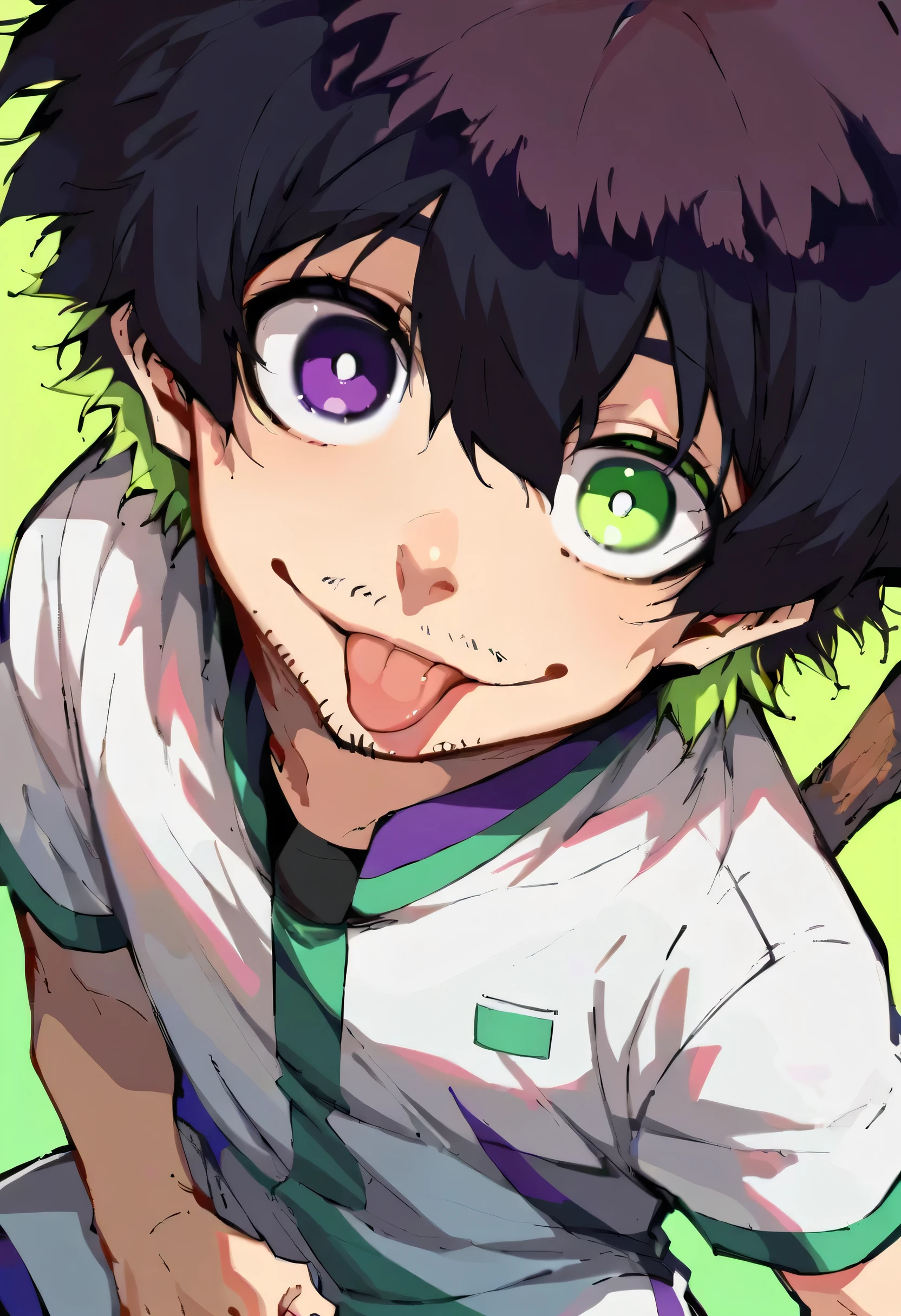 score_9, score_8_above, score_7_above, , 1 child, Alone, Black hair, green hair, heterochromia, purple eyes, Green eyes, youthful look, stubble, white sportswear, Stick out your tongue, smile, looking at the spectator