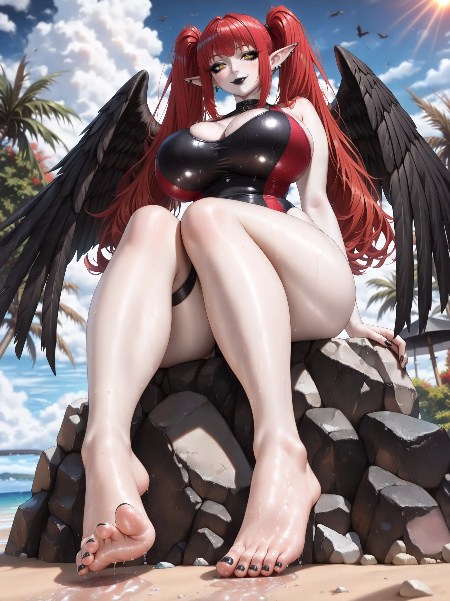 ((Soak in the hot springs of the mountains:1))、(((fullnude:1)))、(Inside the open-air bath in the mountains))、female crow tengu、(((barechested:1)))、(((Soak in the hot springs naked:1)))、Japanese traditional UMA tengu, Sexy 15 year old girl, Sexy brown skin, Nice sexy body、tanned healthy sexy skin、One lady、(Red hair ornament)、with the crow、(15yo girl)
