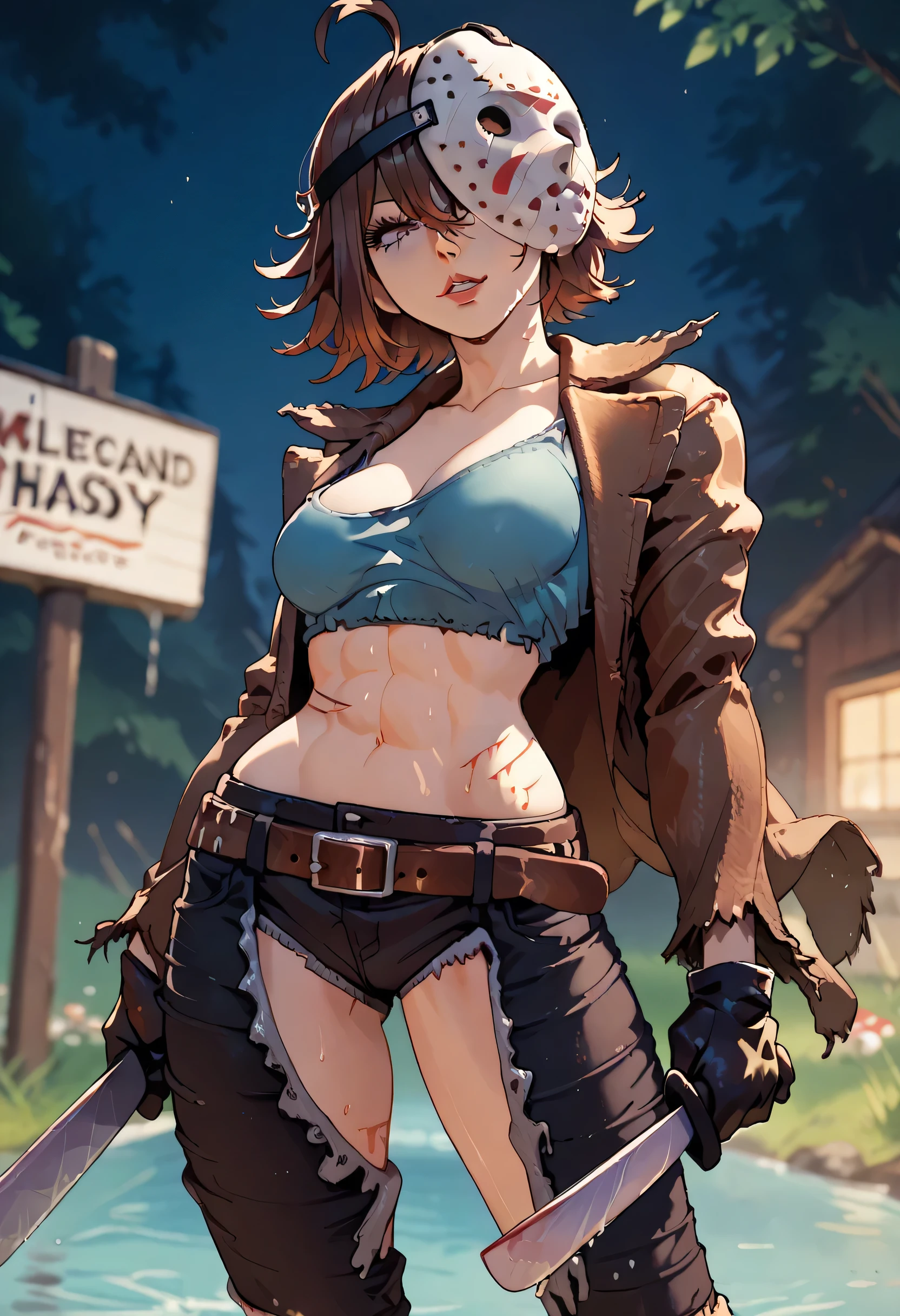 Perfect Body, (Female Jason Voorhees), (Medium Breasts), (Small Waist, Normal Midriff), Standing, Looking At Viewer