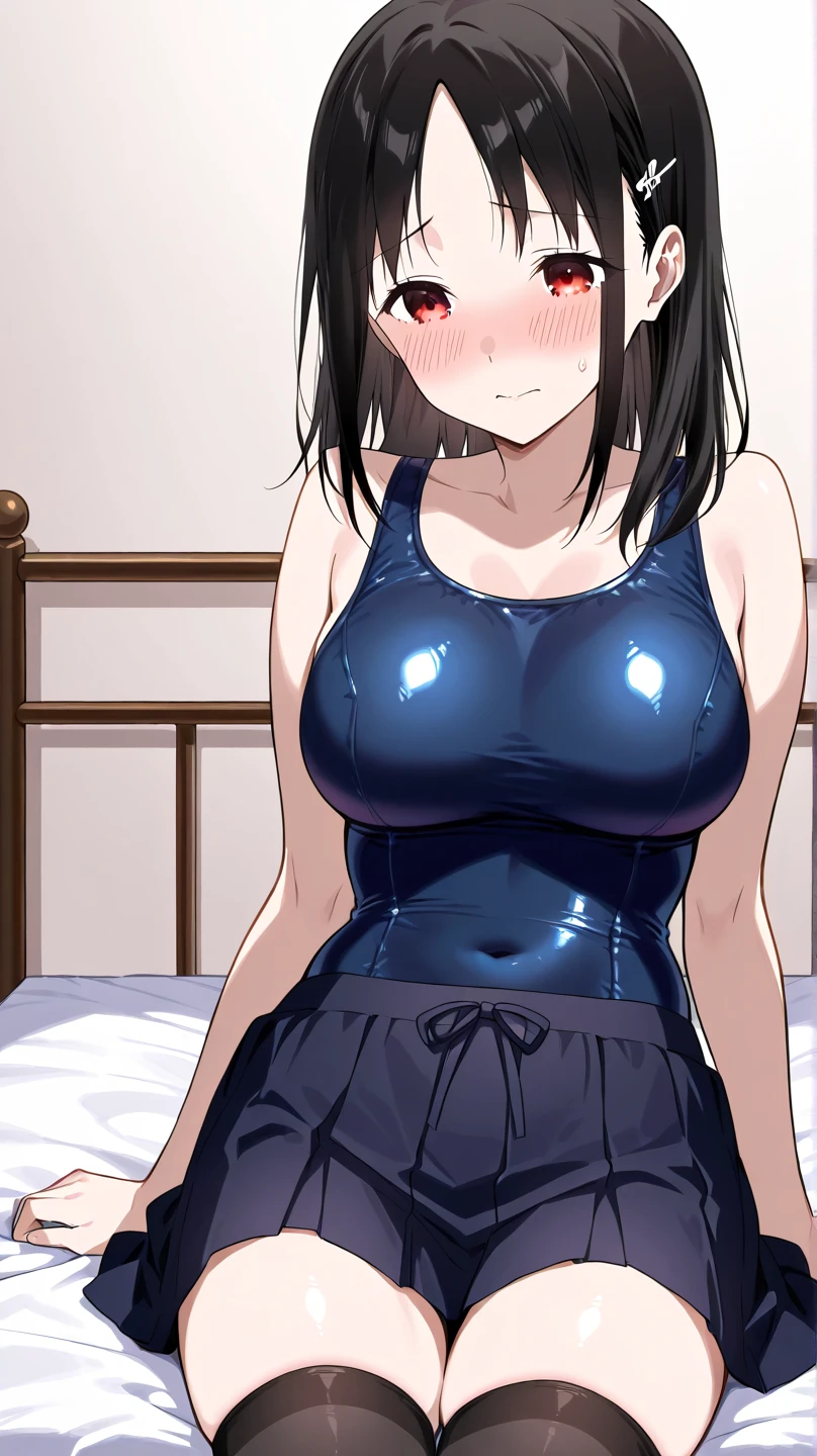 ((Masterpiece)),((Draw in beautiful detail)),(Beautiful adult woman),Kannazuki Mai,((Black school swimsuit)),Open your mouth,blush,Embarrassed expression,Pink nipples,((Showing and spreading her beautiful vagina)),Spread your legs,sit,front,bedroom