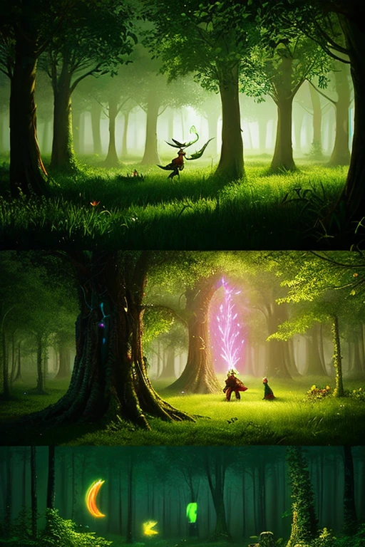 Giant Tree Elves, Wake up in a forest of bioluminescent plants. Presented in natural fantasy style, Presented in conceptual art painting. Soft Green Glow, Floating fireflies, In-depth contrast. Biodesign is organic and ancient. Super detailed, Lush Rendering, Magical Tones.