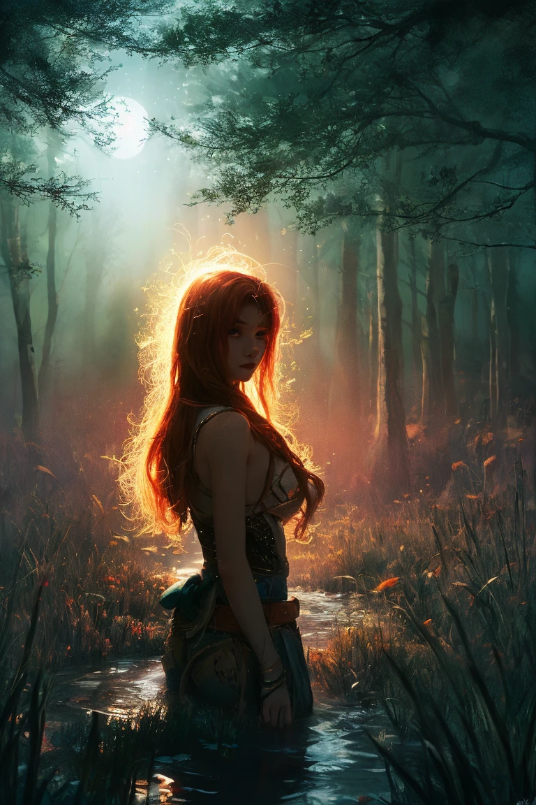 nudegirl, autoregressive, Long hair covers the body, Moonlight Forest, Stand in the stream, enchanting glow, Anime fantasy, digitial painting, glowing water, soft edge light, Super detailed, 4k, Artistic 