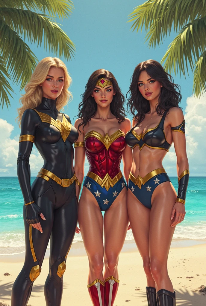 ((Full body photo, standing, feet on the floor)) score_9, score_8_up, score_7_up, score_6_up, 3girls, harley quinn (colored hair, back to supergirl, thigh-high gladiator sandal boots, red lingerie and black, navel :1.1) (black hair, back to Supergirl, thigh-high gladiator sandal boots, blue lingerie, navel :1.1) . Wonder Woman (black hair, her back is turned to Supergirl, thigh-high gladiator sandal boots, blue lingerie, navel :1.1) and Supergirl (blonde hair, red and gold lingerie, gladiator sandals that reach halfway up her thighs, level:1.3), elegant hotel suite, lovers, in love, lying on a large and luxurious bed, kissing, groping, (cinematic lighting:1.2),, (sunset:1.2).