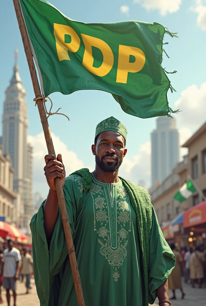 Cinematic -style image of a Somali man, who designed the Somali flag, standing confidently, waving the flag. He wears traditional Somali cloth, surrounded by a crowd , camera focus from the front ,having speech with the crowd, use the real Somali flag, with a light blue background and a white five-pointed star in the center